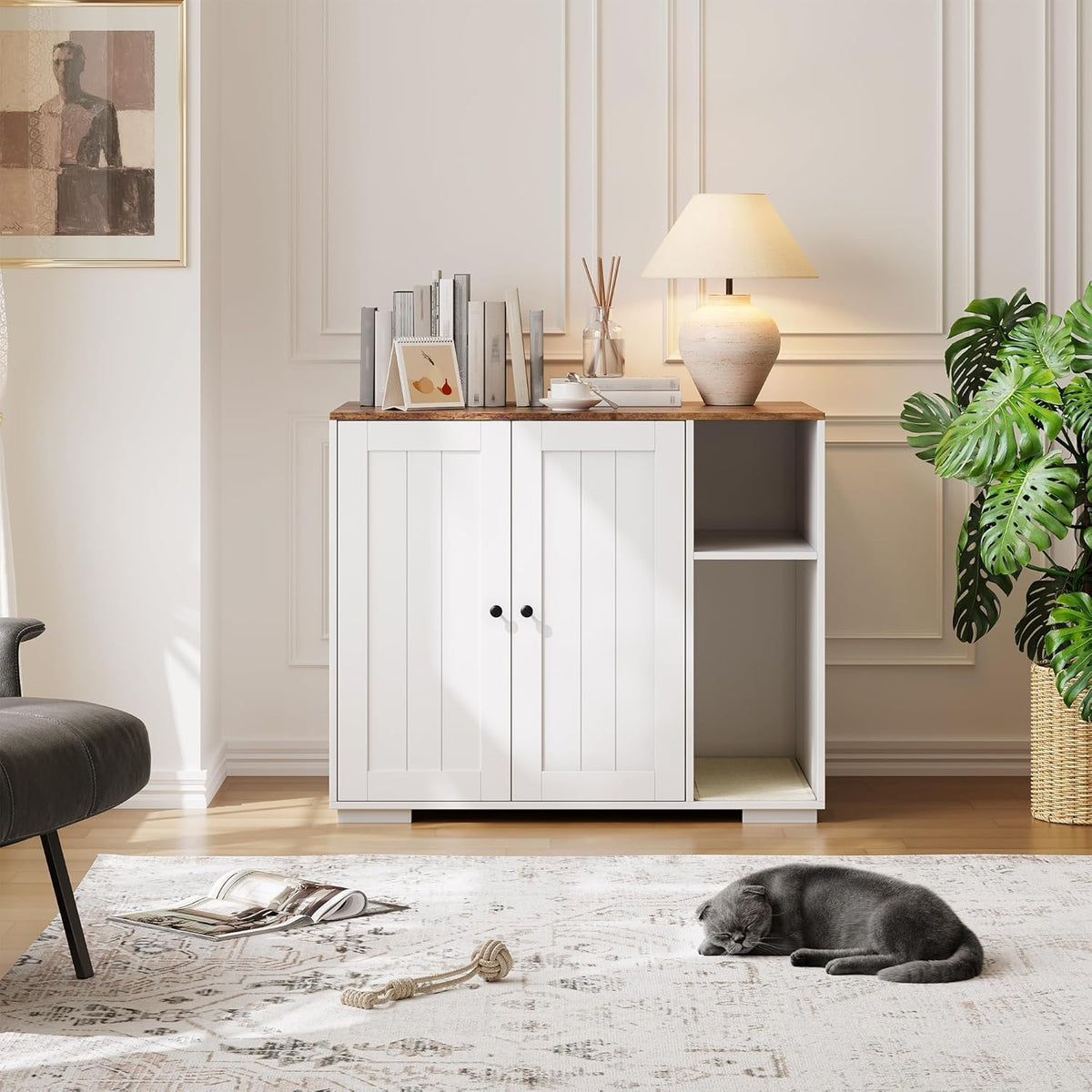 Dog-Proof Extra Large Cat Litter Box Enclosure Cabinet – Mark Pad, Power Outlet, Storage Space, Fits Automatic Litter Boxes, Modern Indoor Cat House Furniture – Gray
