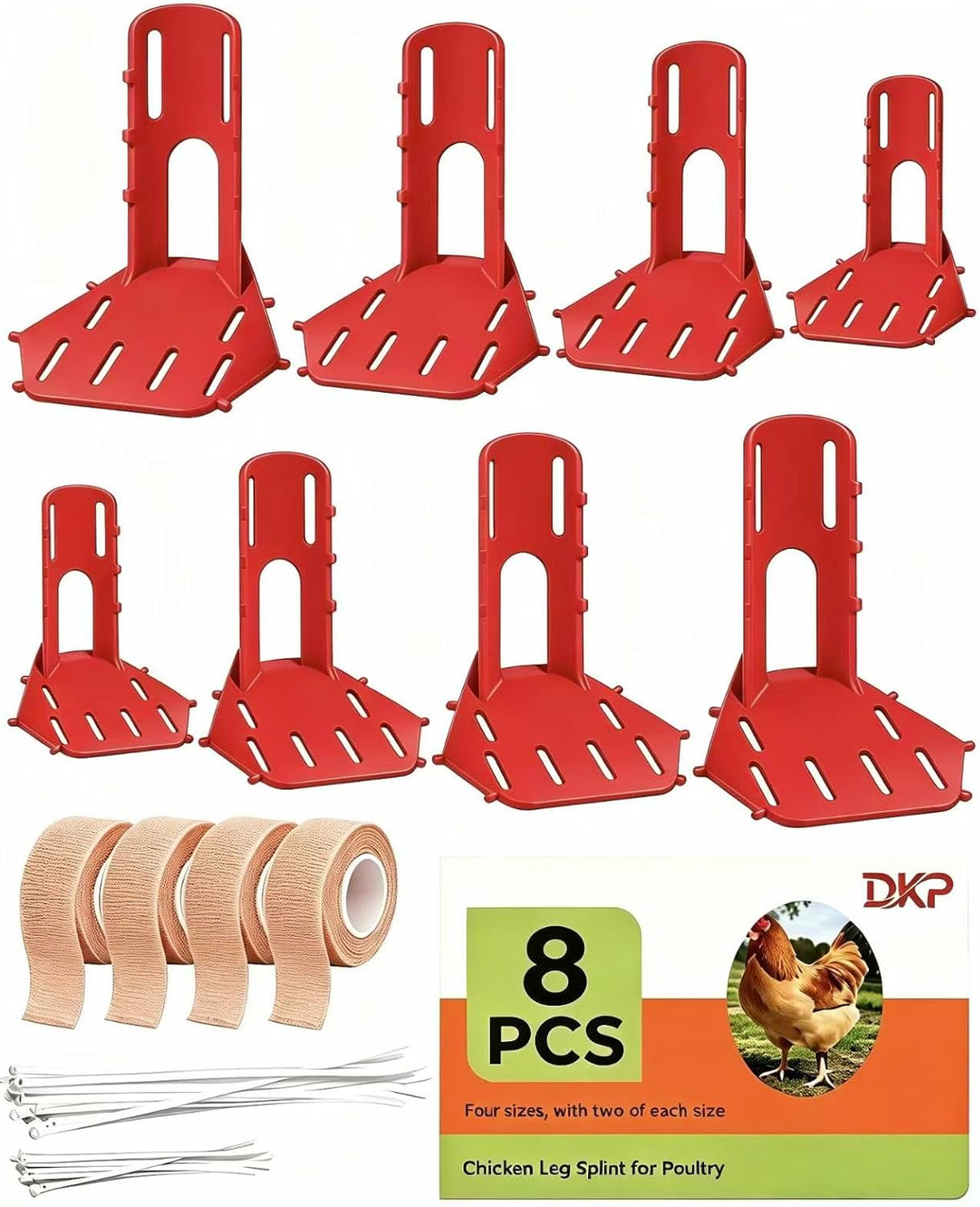 DKP 8 Pack Red Chicken Leg Splint with 4-Size