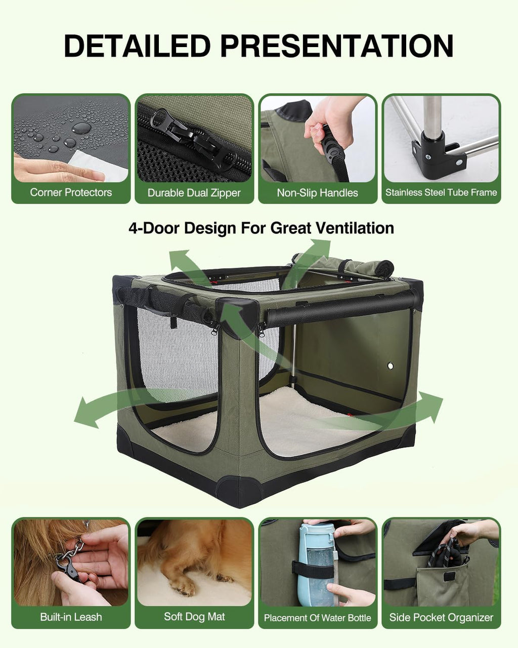 Veraste 30 in Collapsible Dog Crate for Medium Dogs, 4 Door Kennel,Green
