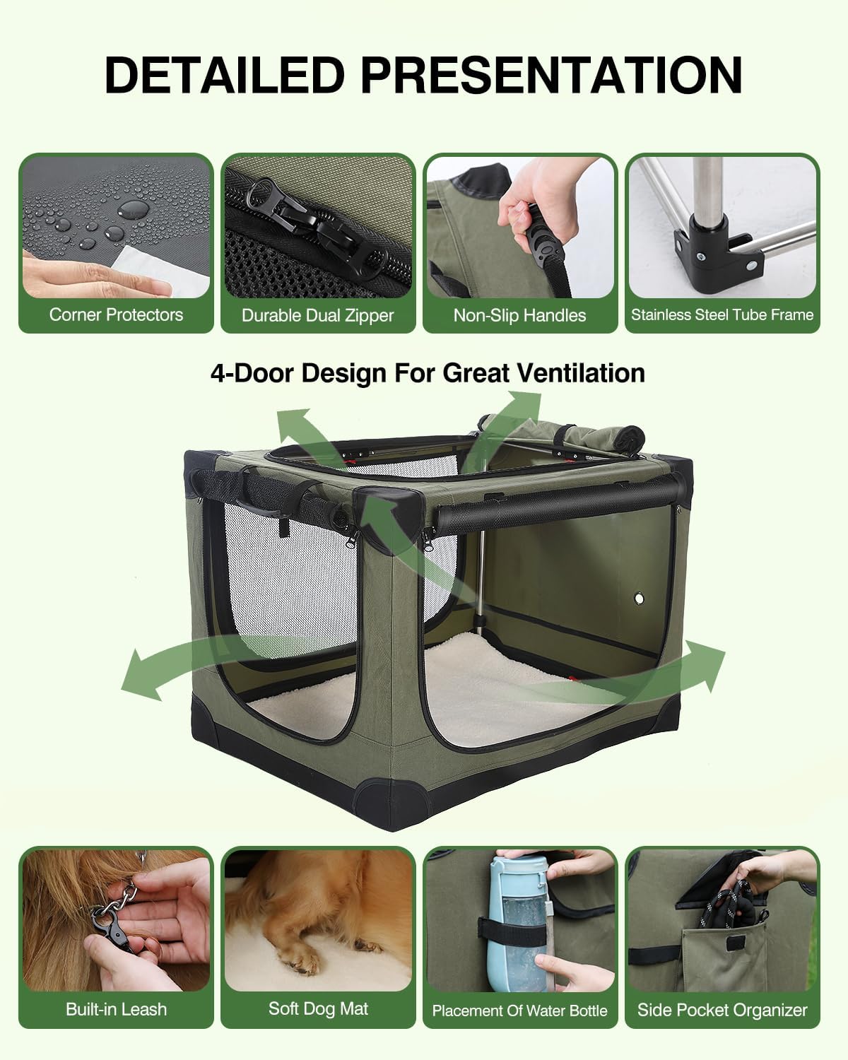 Veraste 30 in Collapsible Dog Crate for Medium Dogs, 4 Door Kennel,Green