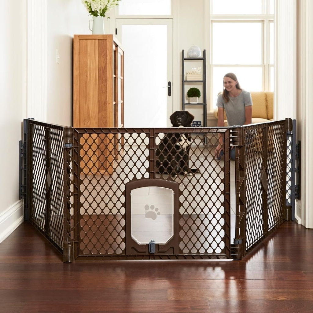MyPet Extra Wide Dog Gate with Small Pet Door. 38.5” to 103.5" Wide. Cat Gate for Doorway. Made in USA. 26" Tall, Brown