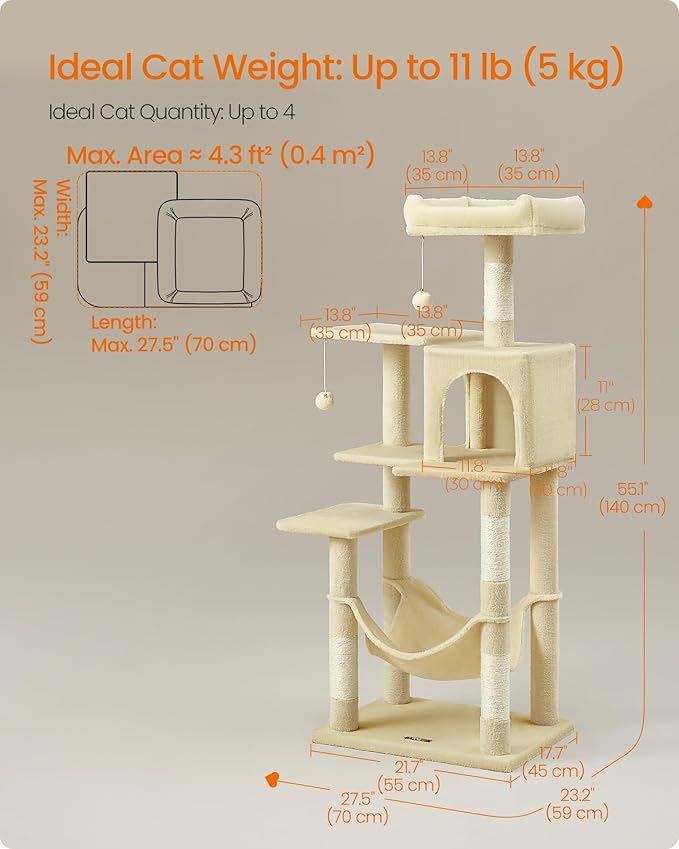 Feandrea Cat Tree, 55.1-Inch Cat Tower, Plush Multi-Level Condo - Image 5