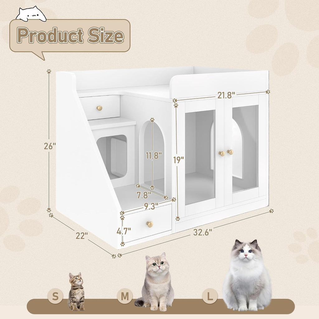 Cat Litter Box Enclosure with Light, Hidden Litter Furniture with Dual Storage Drawers, Indoor Feline House Side Table for Living Room Bedroom, Modern White Cabinet