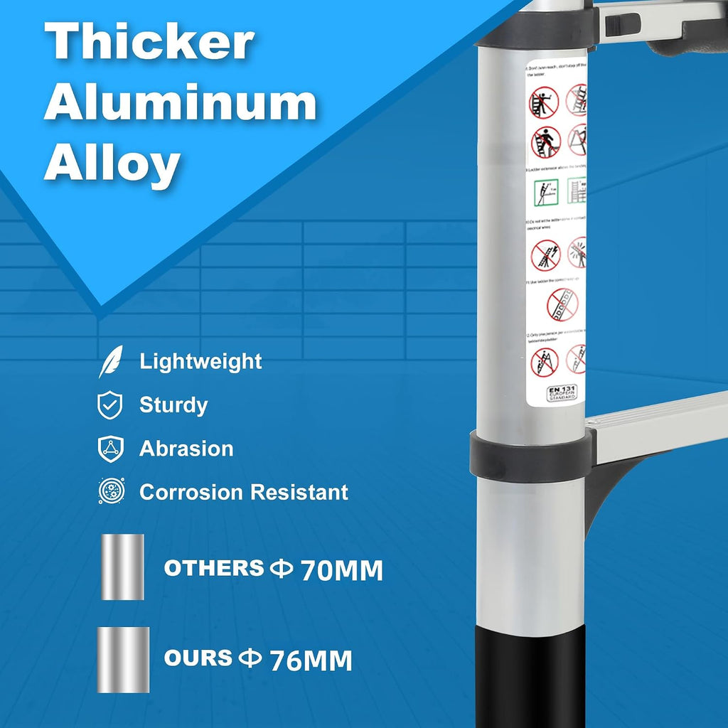 Telescoping Ladder with Hooks, 12.5 FT, 330 lbs Capacity, Silver