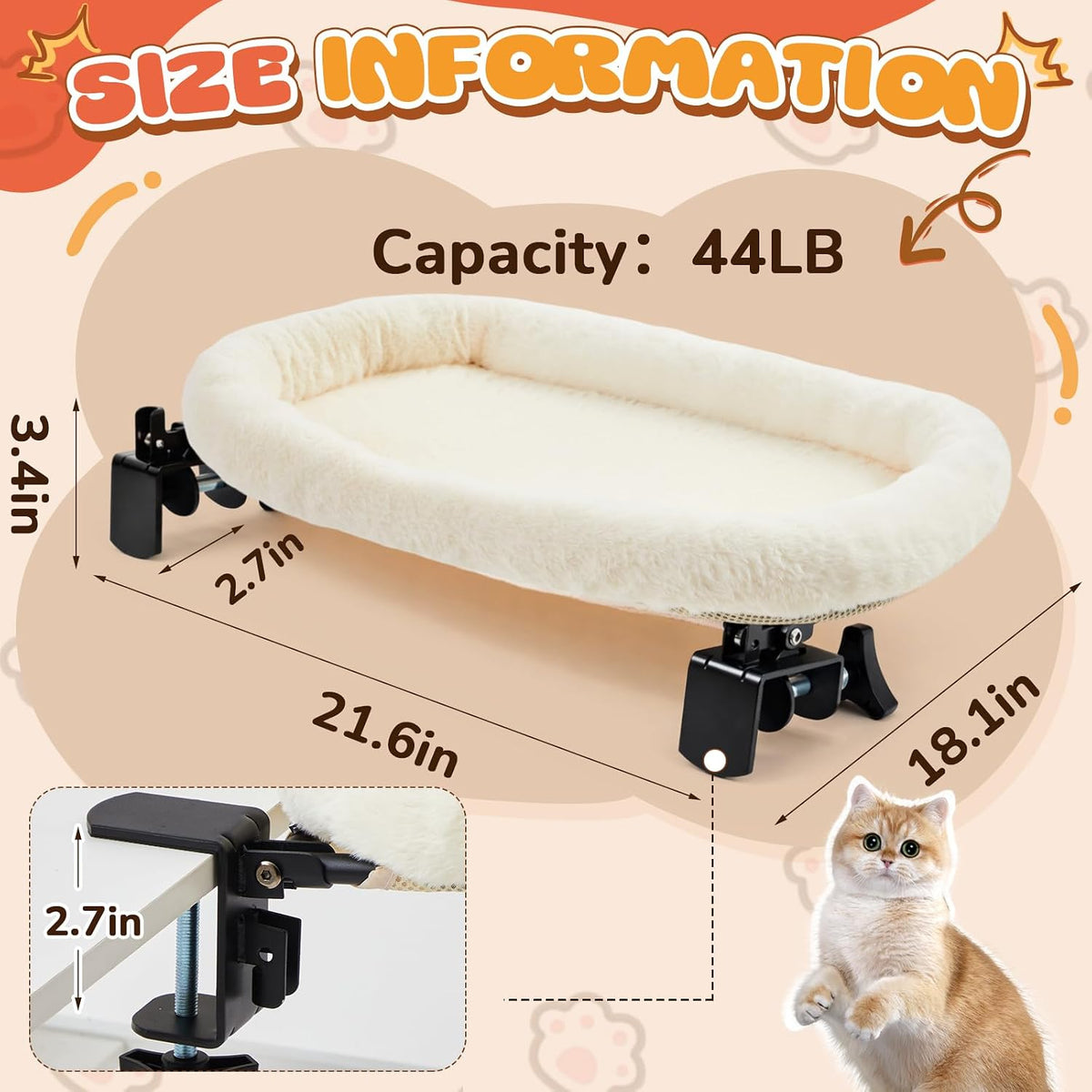Lewtemi Bedside Pet Bed, Hanging Cat Hammock Attached to Bed or Desk, Cream