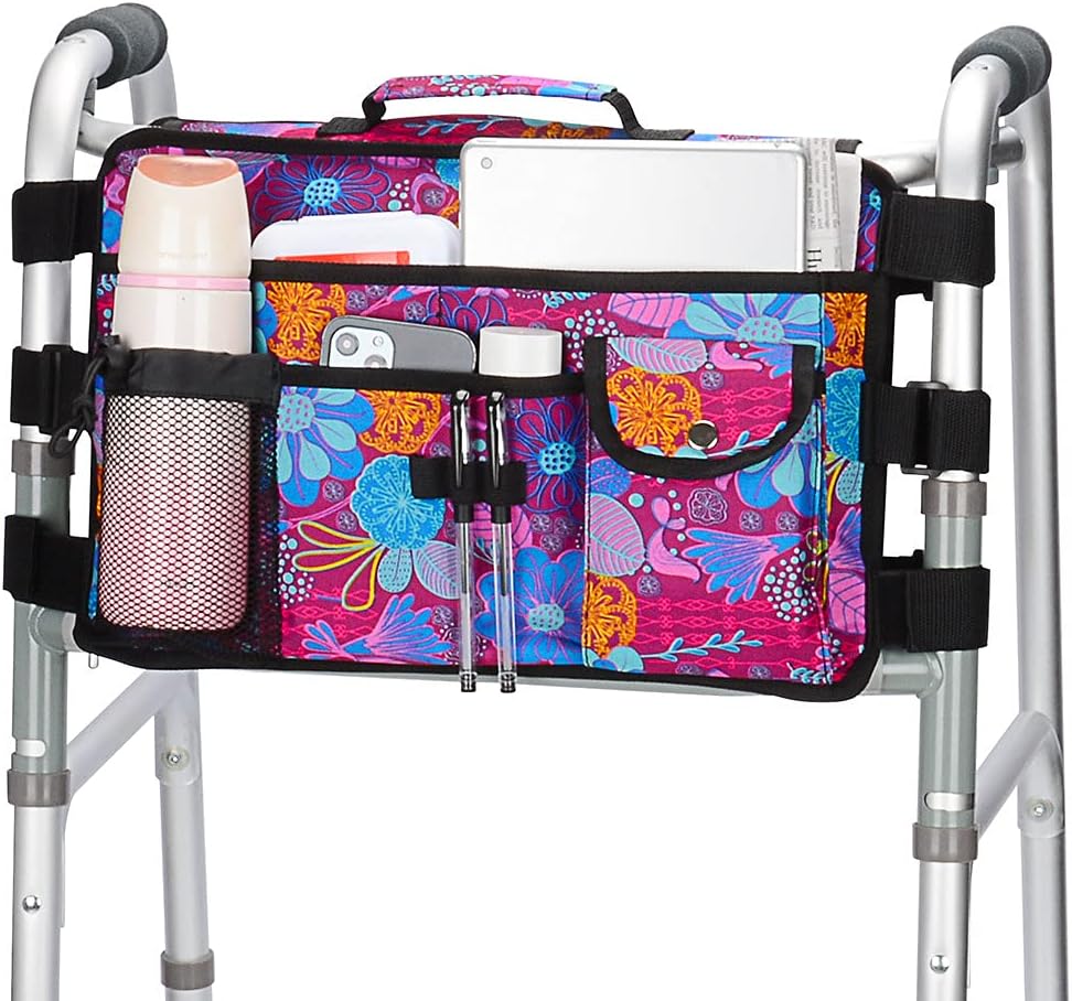 Walker Bag for Seniors-supregear Folding Walker Accessories Bag (Double Sided), Walker Basket Caddy Large Capacity Waterproof Tote with 9 Pockets and Cup Holder
