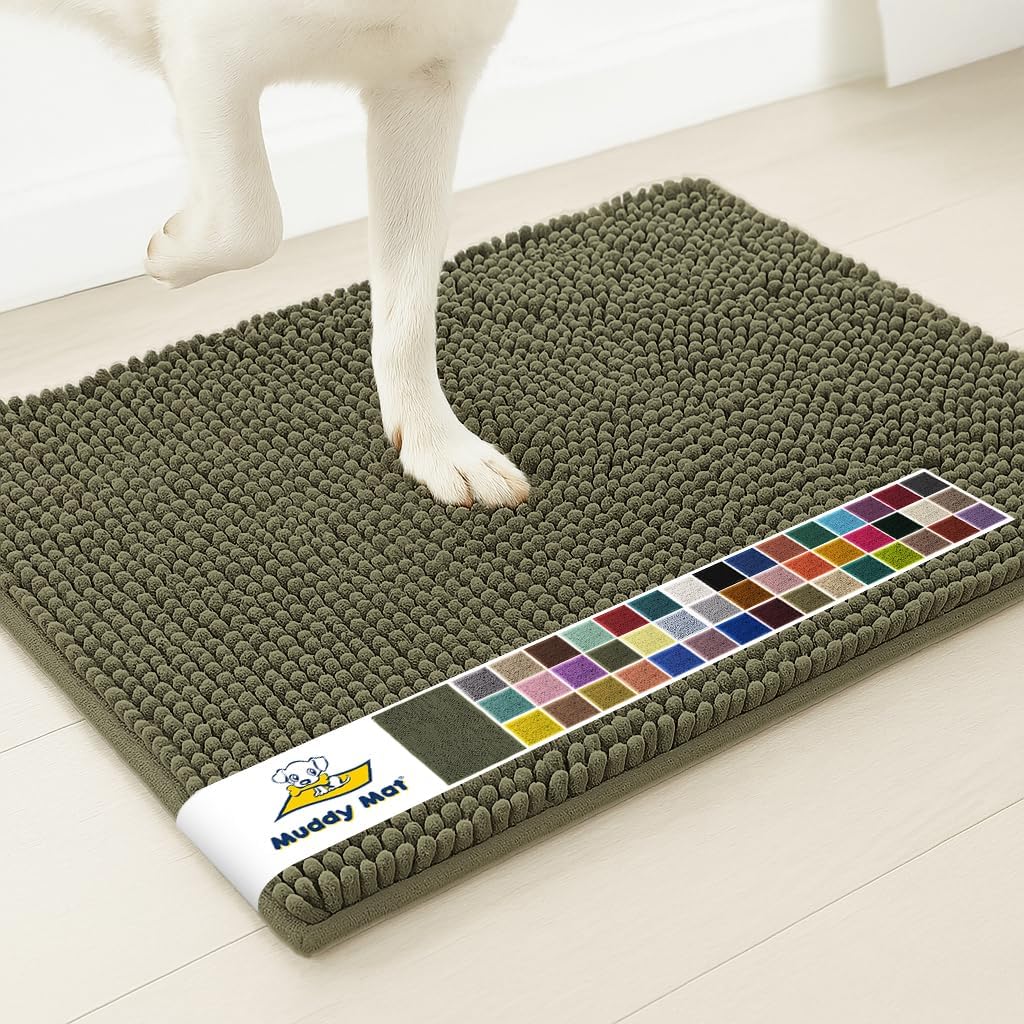 Muddy Mat® | Super Water Absorbent Door Mat Indoor, Microfiber Quick Dry Chenille Entryway Rug, Slip Resistant Front Door Mat, Indoor Mats for Entryway, Machine Washable Pet Rug, Army Green 19"x30"