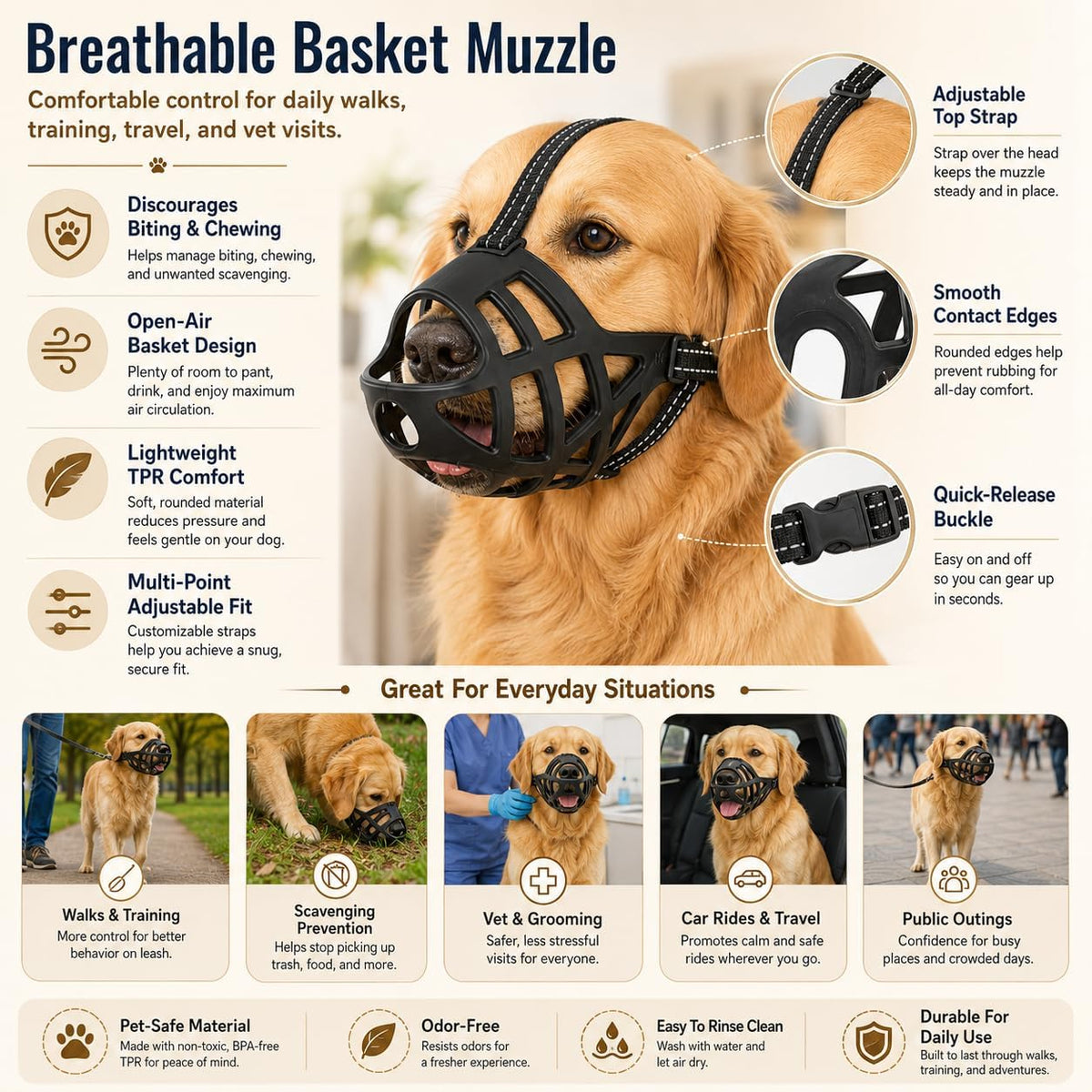 Dog Muzzle, Breathable Adjustable Basket Muzzle, X-Large, Black