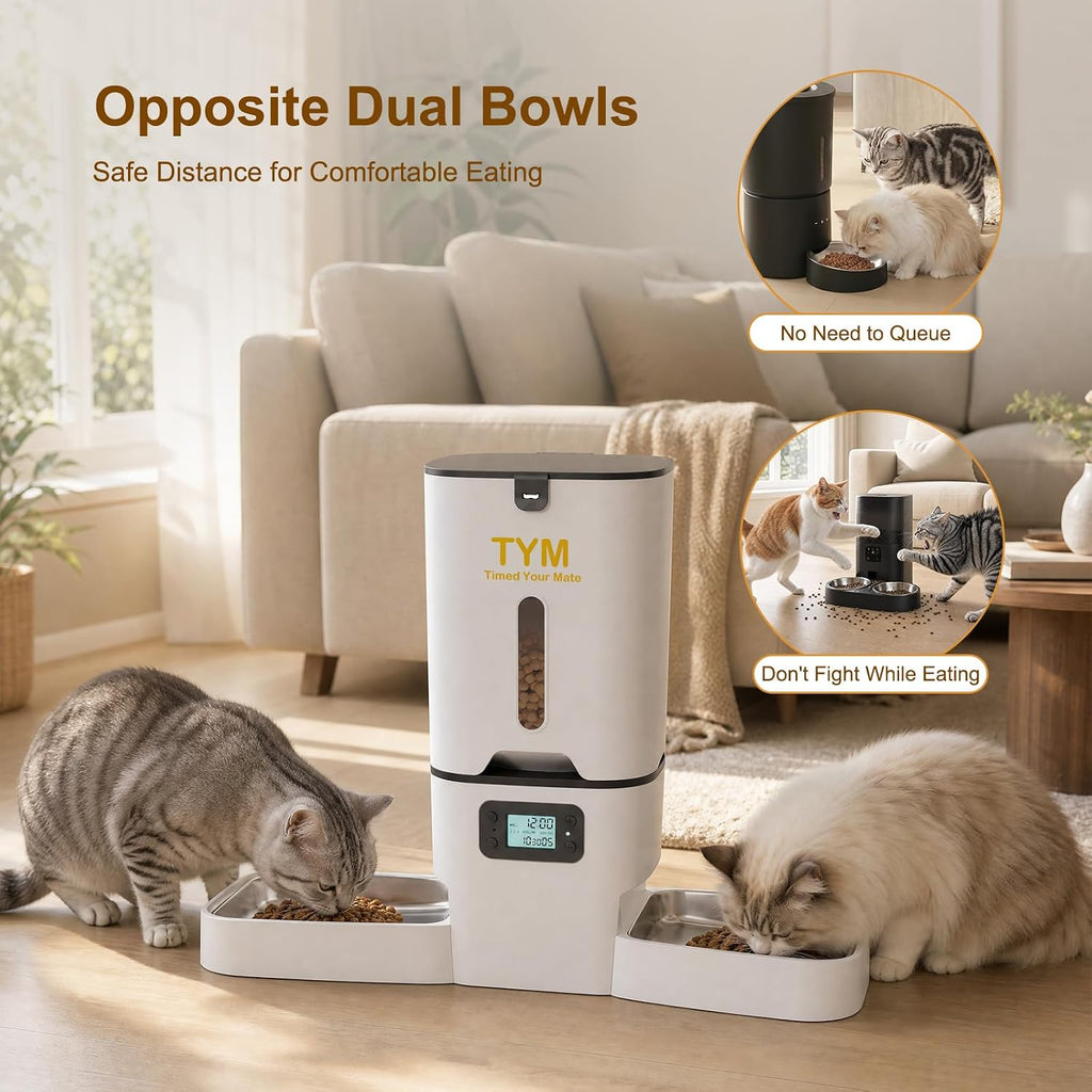 Automatic Cat Feeder 2 Cats, 7L Dry Cat Food Dispenser with Double Bowls