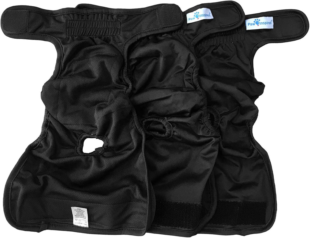 Paw Inspired Washable Dog Diapers, Black with Black Lining, XS Size, 3 Pack