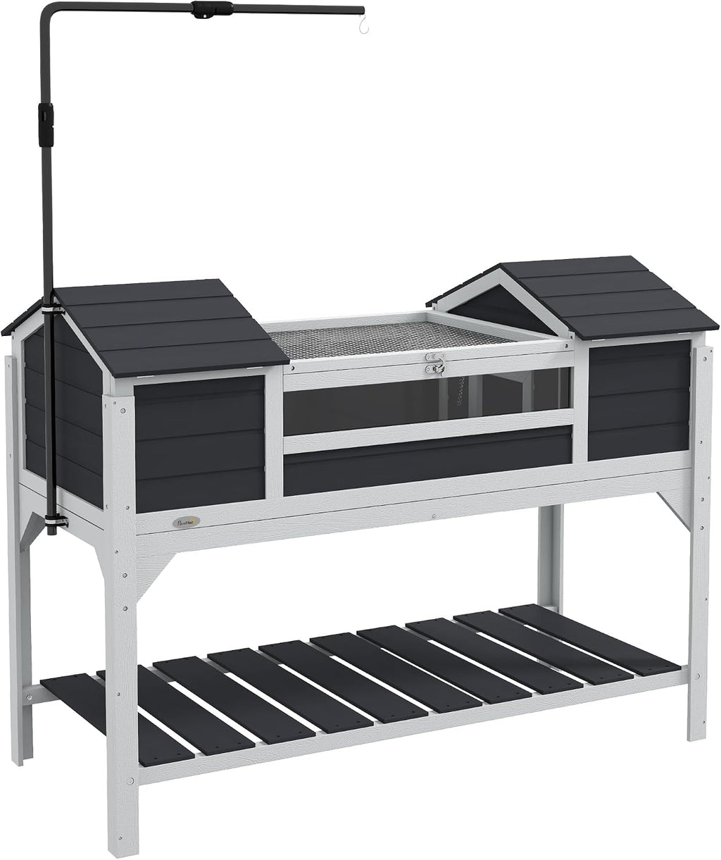 PawHut Tortoise Habitat with Adjustable Lamp Holder, Wooden Tortoise Enclosure with Storage Shelf, Dual Main Houses, Attached Tray, Openable Lid, Gray