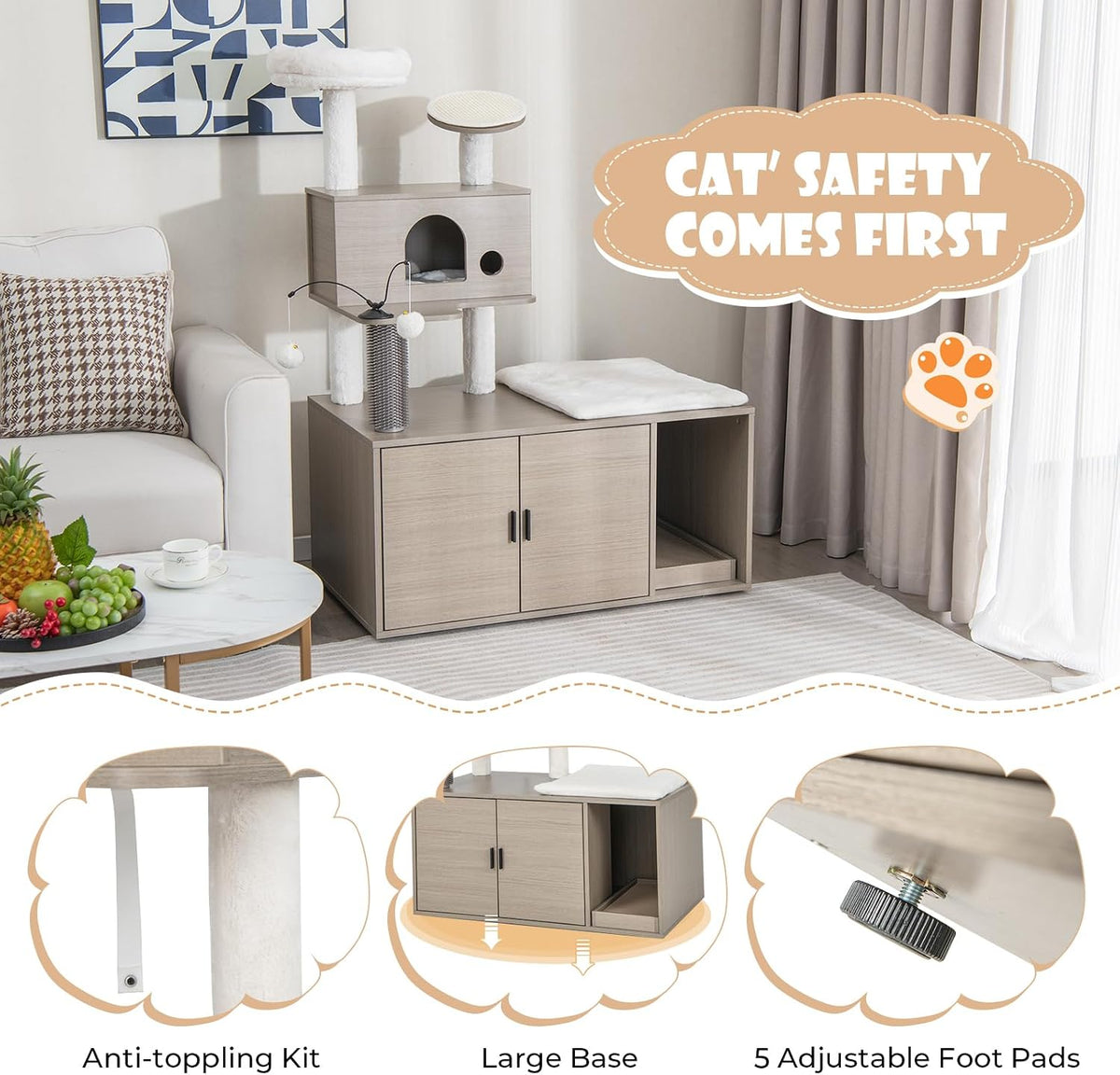 Cat Tree with Litter Box Enclosure, 2-in-1 Modern Cat Tower with Condos, Top Perch, Sisal Posts, Scratching Board, Platform, Dangling Balls, Hidden Litter Box with Cat Tree (52 Inches Tall)