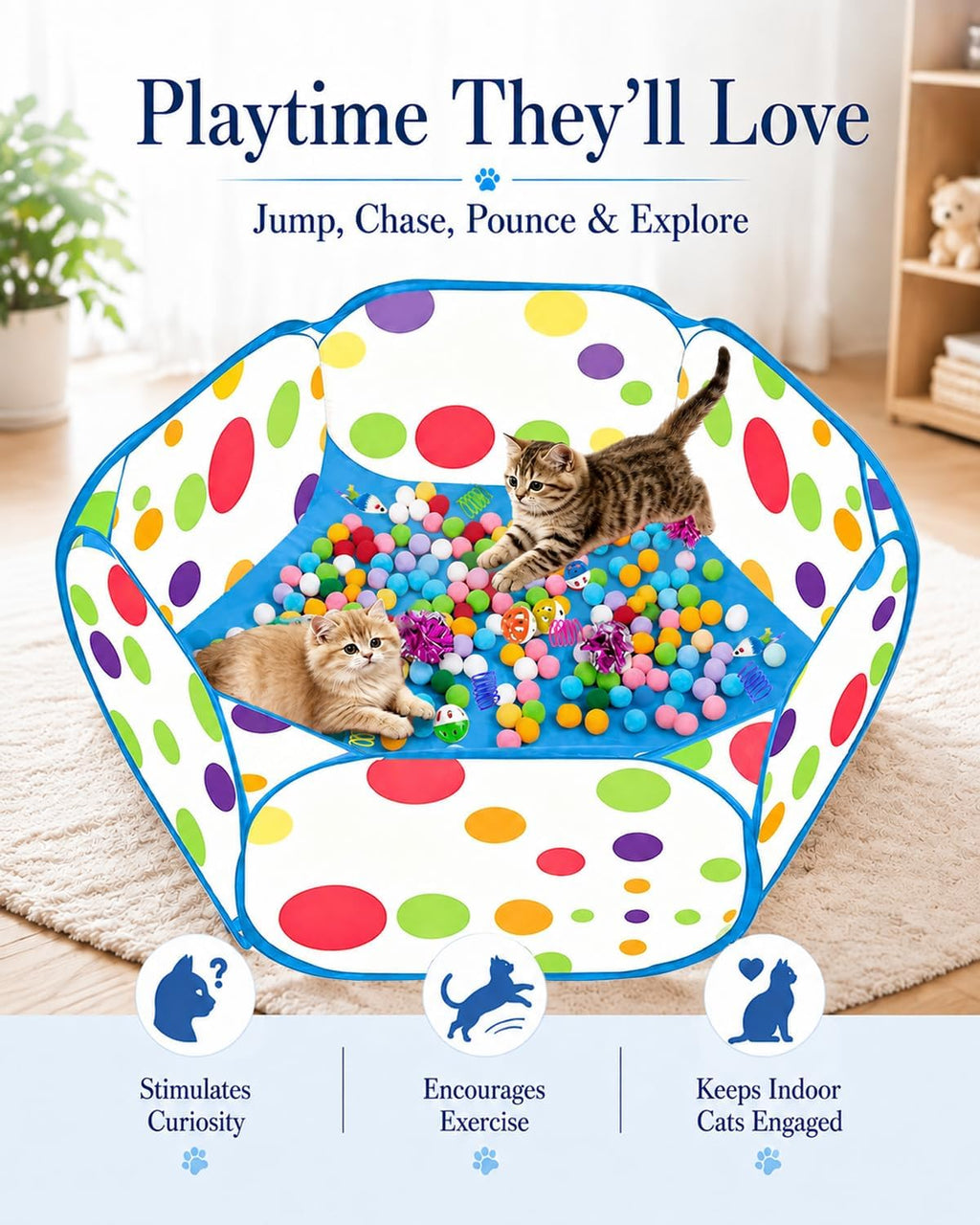 Cat Ball Pit with 227 Pcs Interactive Cat Toys, Enrichment Toys for Bored Indoor Cats Self Play, Include Pom Pom Balls Jingle and Crinkle Balls, Springs and Mice Toy for Kitten Fun and Exercise