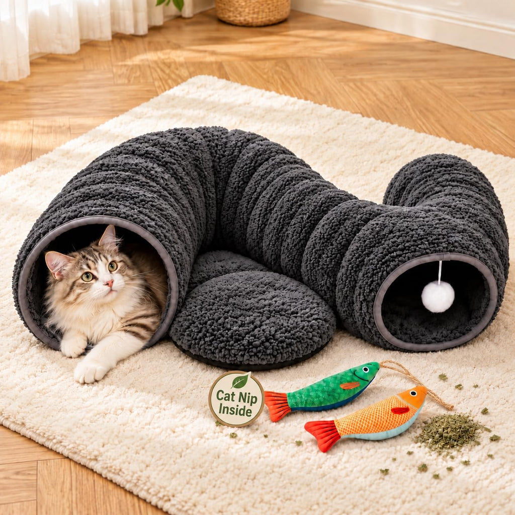 Cat Tunnel Bed with 2 Catnip Fish Toys, Interactive Cat Toys, Dark Grey