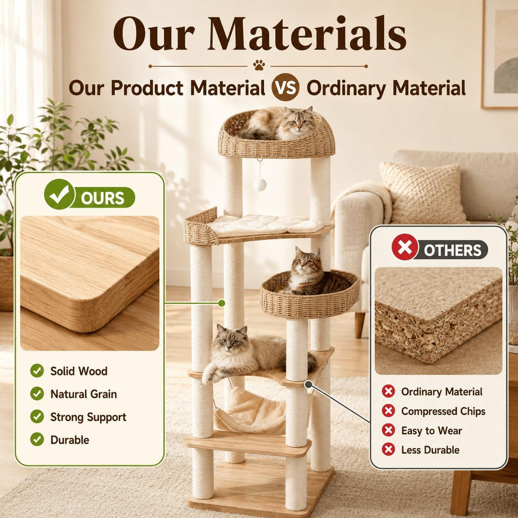 62in Wood Cat Tree for Large Cats, Heavy Duty Tall Cat Tower