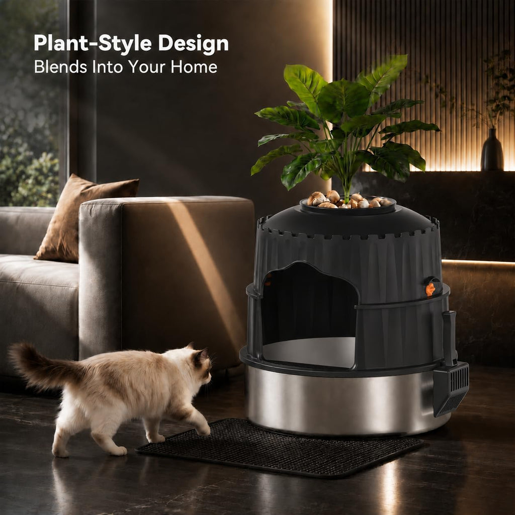Hidden cat Litter Box Featuring a Stainless Steel Tray, Faux Greenery, an Activated Carbon Packet, and a Scoop; Plant-Style Litter Box Furniture; Includes a Free Litter mat