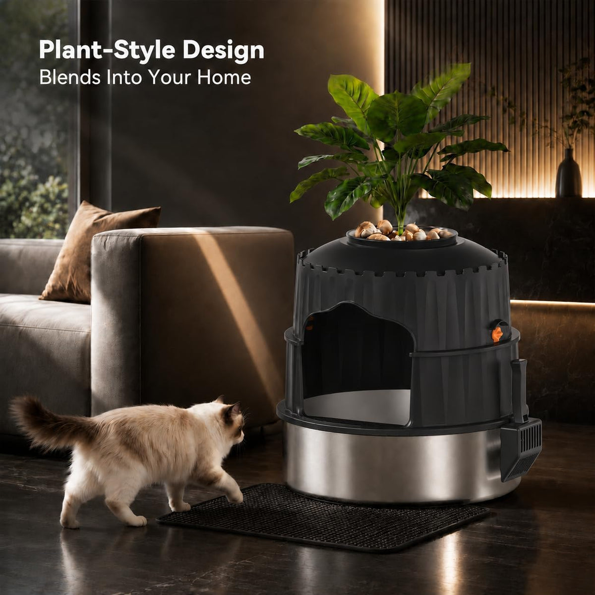 Hidden cat Litter Box Featuring a Stainless Steel Tray, Faux Greenery, an Activated Carbon Packet, and a Scoop; Plant-Style Litter Box Furniture; Includes a Free Litter mat