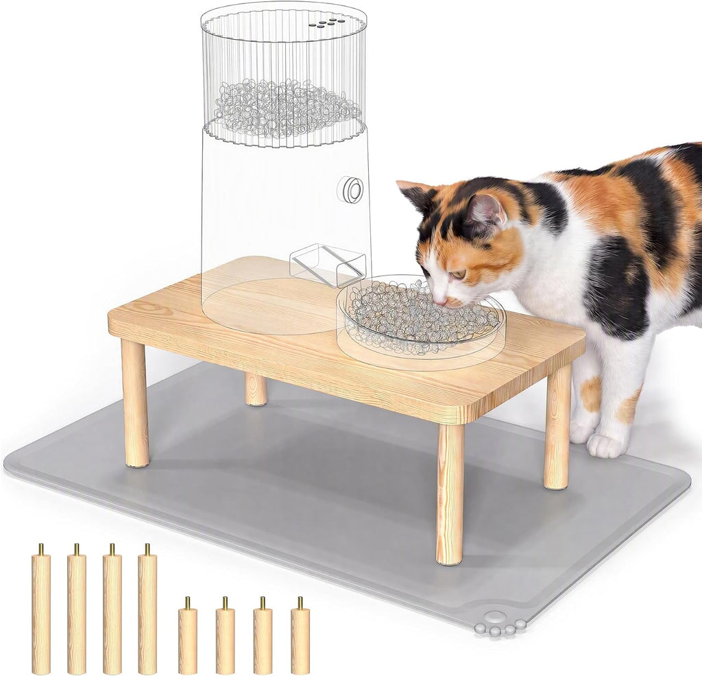 NiHome Cat Feeder Stand, Adjustable Height Wood Cat Food Table with Mat