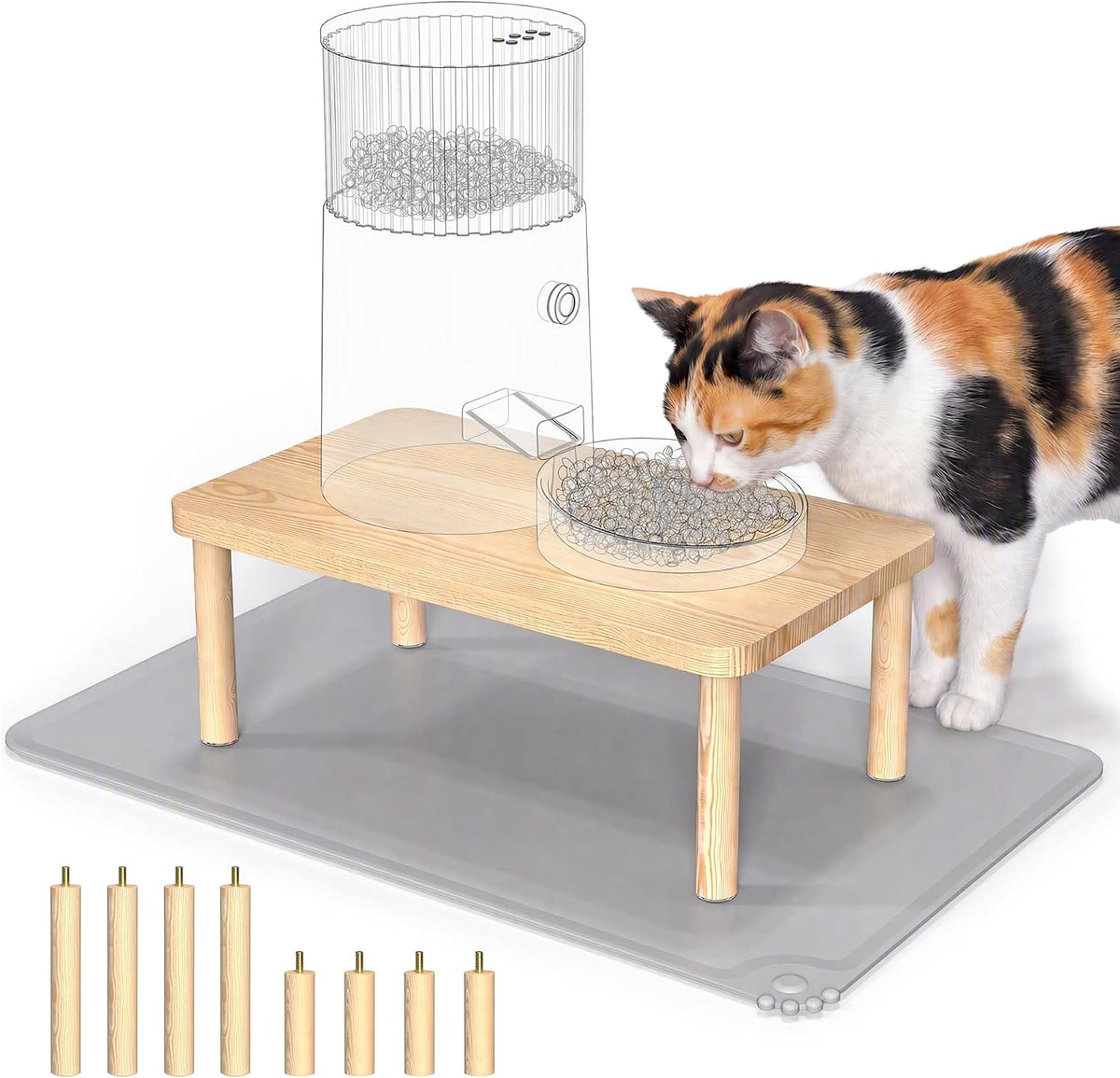 NiHome Cat Feeder Stand, Adjustable Height Wood Cat Food Table with Mat