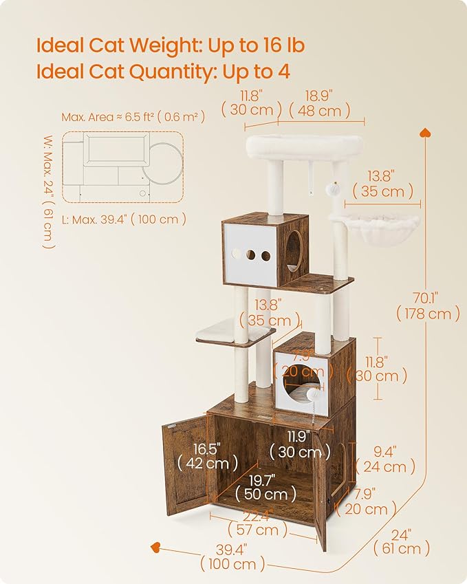Feandrea Cat Tree with Litter Box Enclosure, 70.1-Inch Tall Cat Tower, 2-in-1 - Image 5