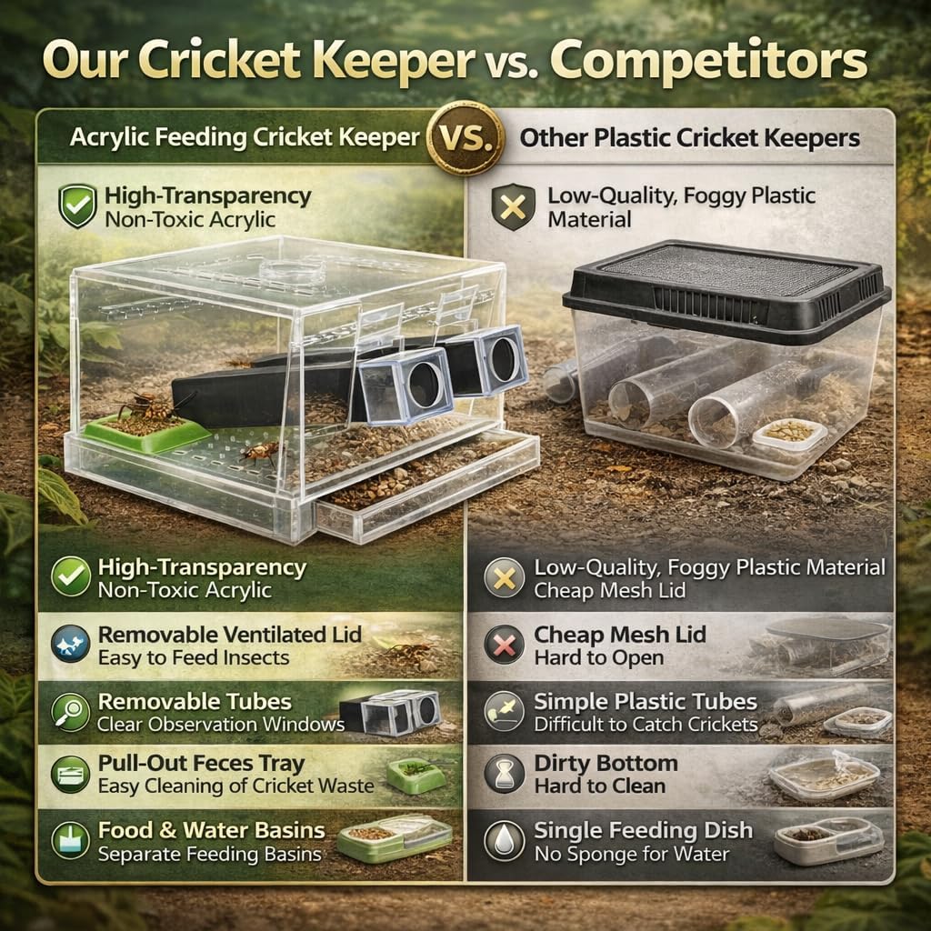 Acrylic Cricket Keeper with Tubes–Reptile Feeding Cricket Keeper with Feces Layer & Ventilated Lid,Transparent Crickets Enclosure for Observation,Feeder Insect Storage,Includes Food/Water Tubes (L)