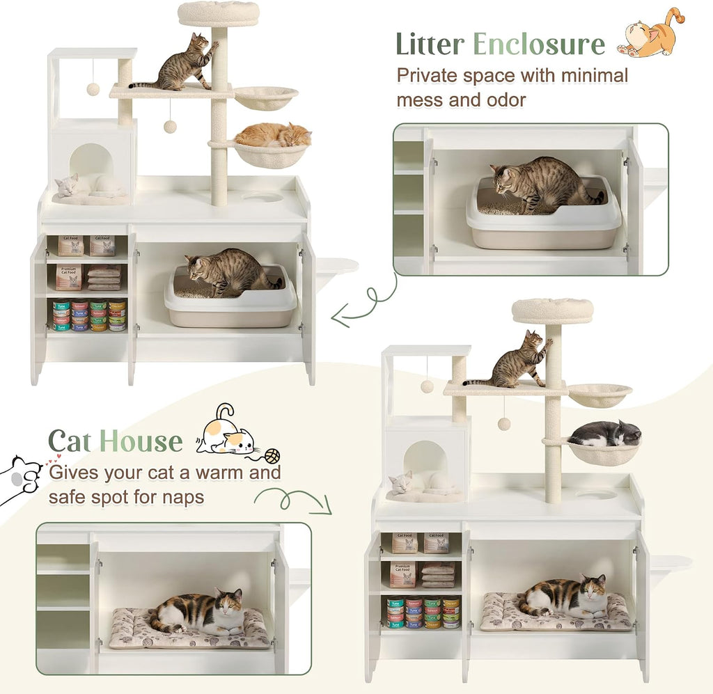 50.6" Cat Tree with Hidden Litter Box Enclosure, Modern White Cat Tower with Sisal Scratching Posts, Storage Cabinet, Hammocks, Platforms, Condo and Top Perch, Indoor Multi-Level Play & Rest Furniture