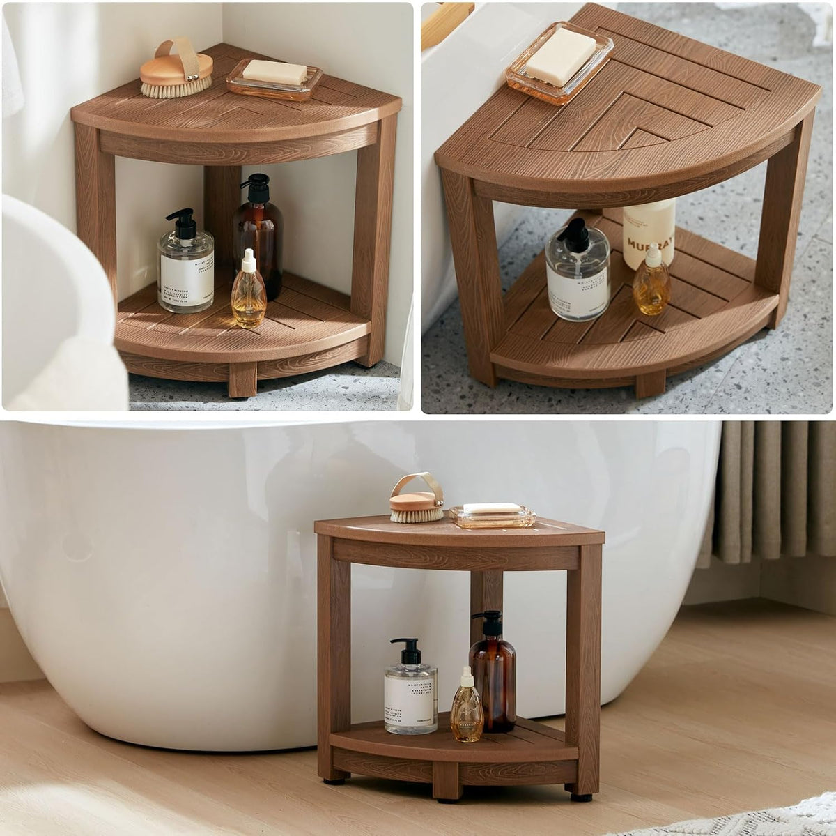 KaimuBench Corner Shower Stool for Shaving Leg, Waterproof Bathroom Shower Bench Seat for Inside Shower, Poly Lumber Plastic Shower Chair Seat, Shower Foot Rest with Adjustable Feet, Non-Slip, Brown