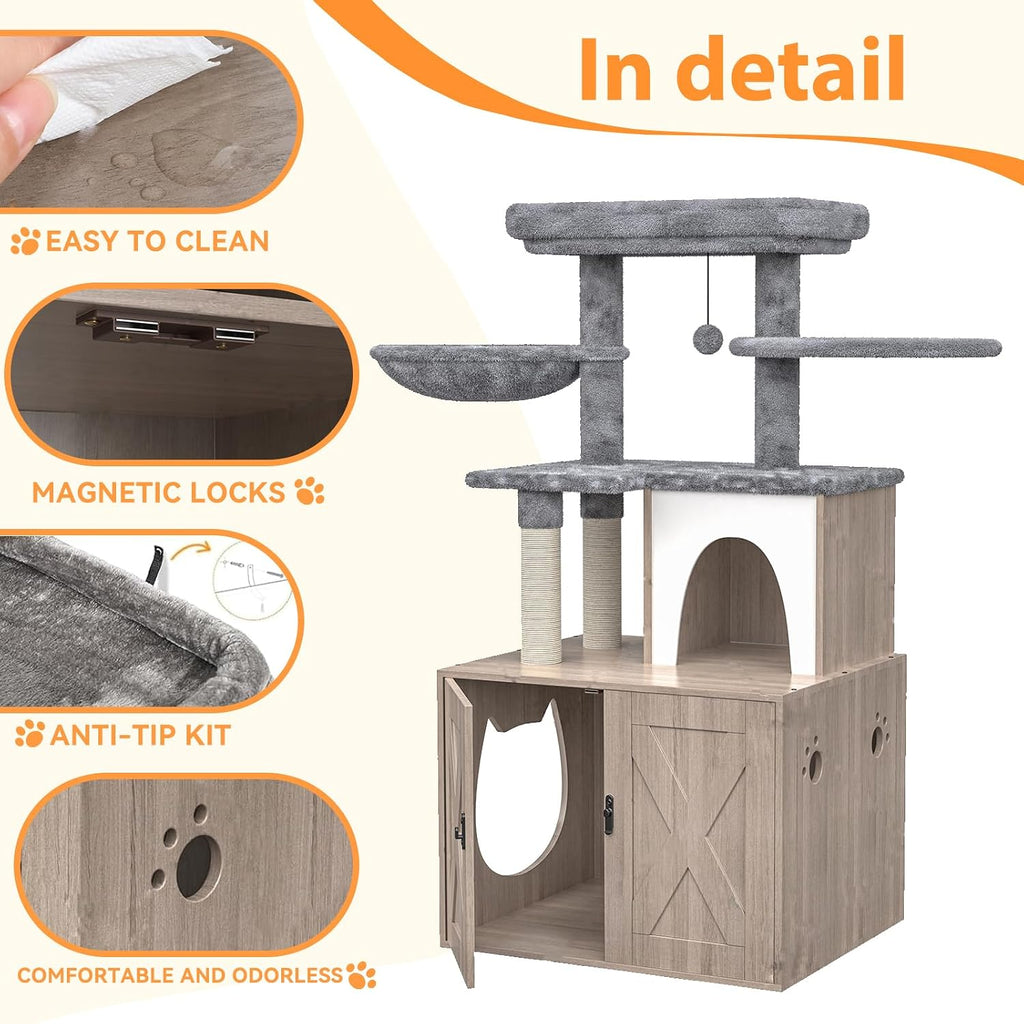 Litter Box Enclosure with Cat Tree,Cat Tree with Litter Box Enclosure,Hidden Pet Washroom Furniture with Sisal Scratching Post,Hammocks,Condo,Multiple Platform,Soft Plush Perch, Grey