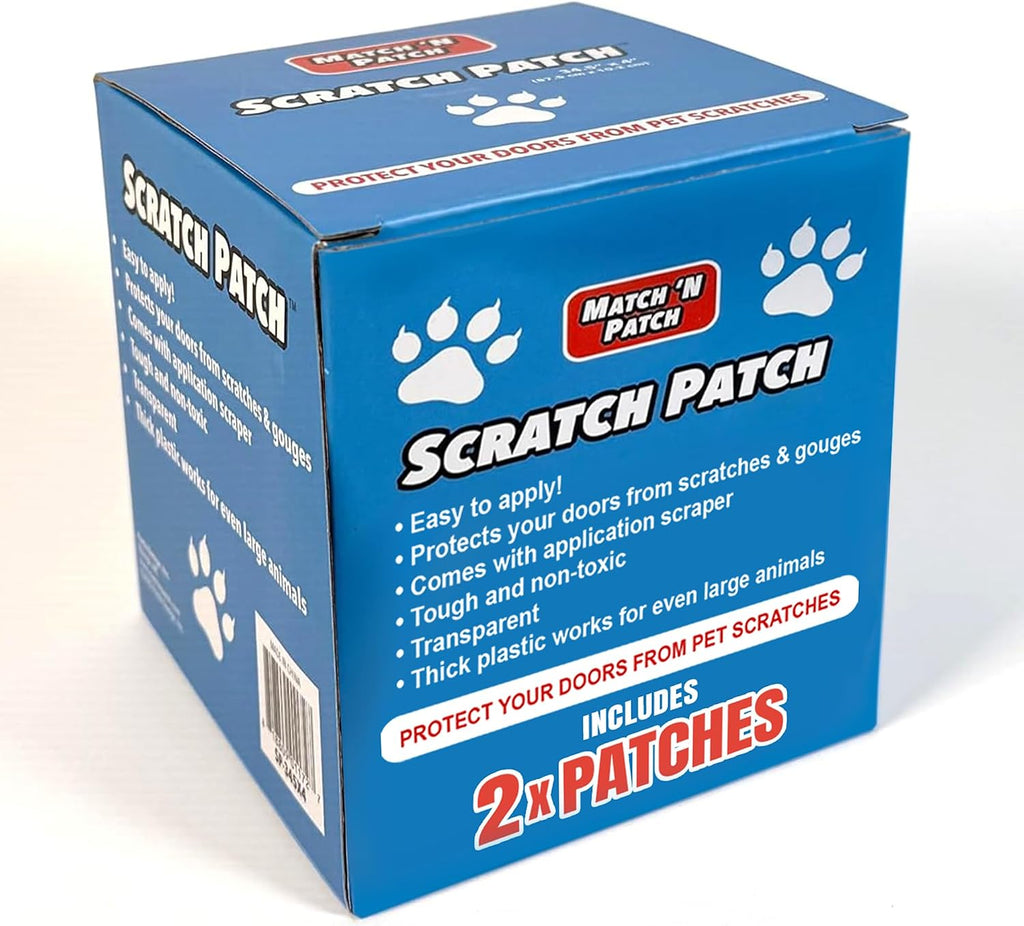 MATCH 'N PATCH Door Scratch Protector - Clear, Self-Adhesive Plastic Door Guard for Dogs & Cats - Pet Wall Protector with Application Scraper (34.5 x 4 Inches, 2 Patches)