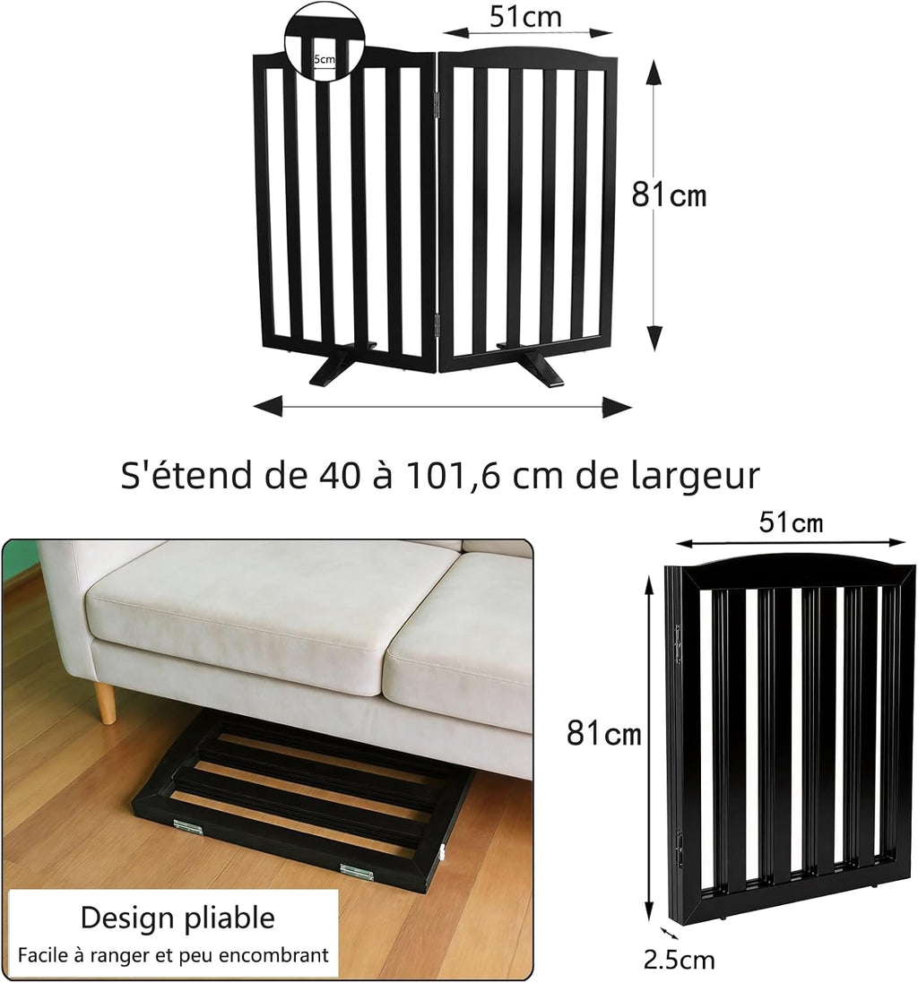 Freestanding Dog Gate Indoor,Doggie Gate Foldable Pet Gates for Doorways,Stairs or Hallways, Wooden Black Pet Gate for the House, Pet Fence with Support Feet Included,32 "Height-2 Panels