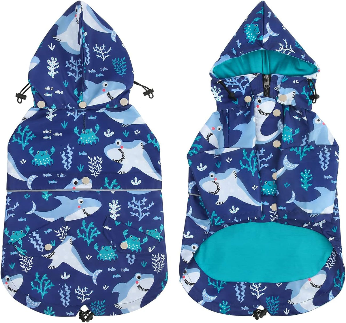 HDE Premium 2-Layer Zip Dog Raincoat Poncho w/Leash Hole & Hood Sharks 2XL