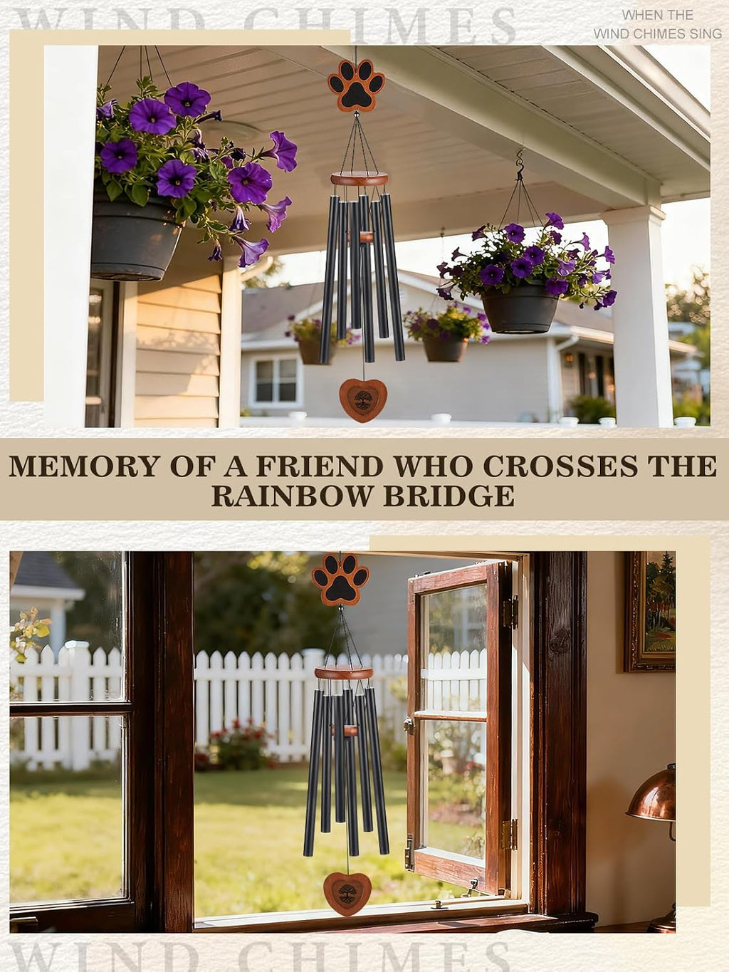 Alphatool Dog Memorial Wind Chimes Gifts with Photo Frame, 32 in