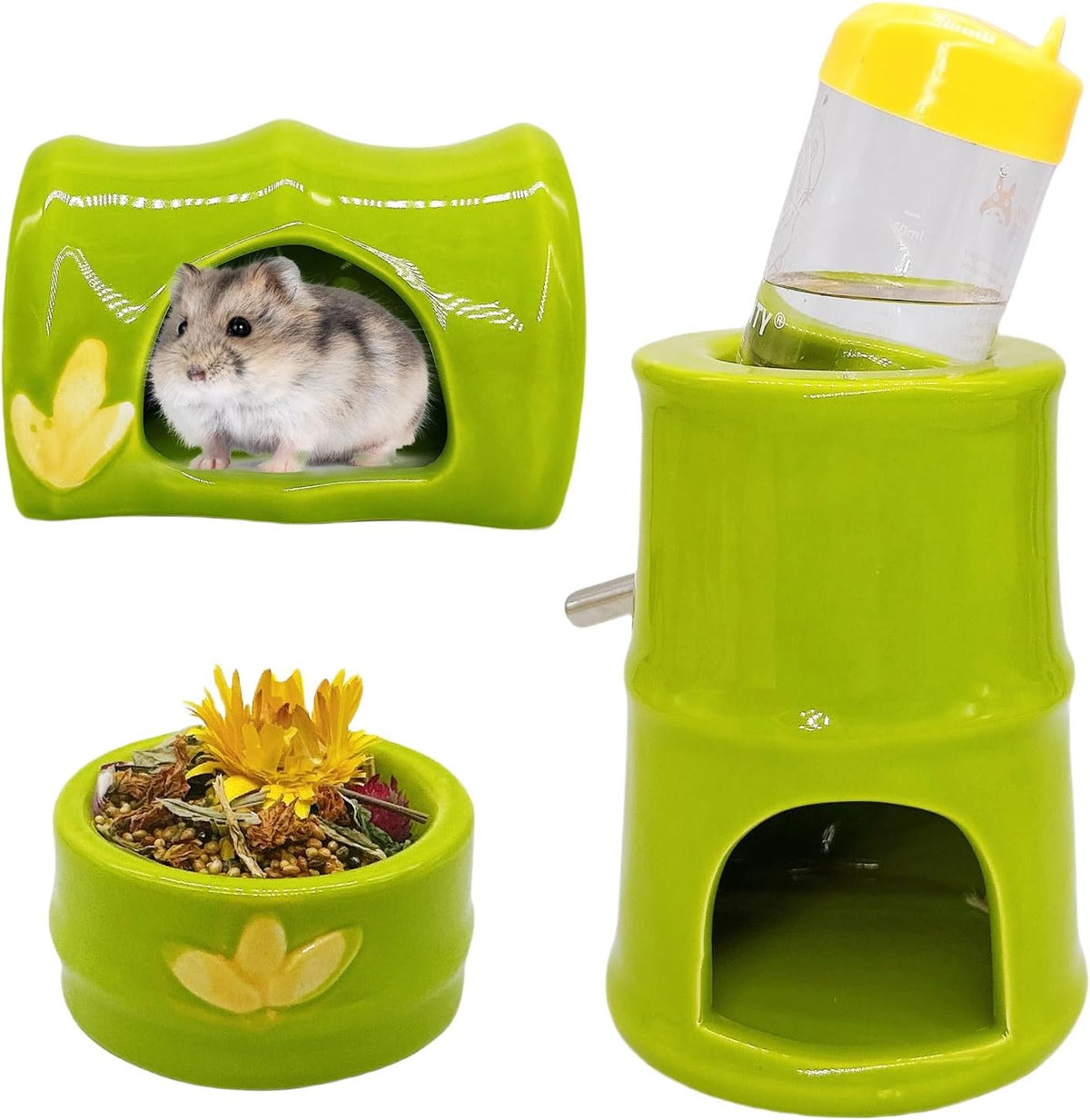Hamiledyi Ceramic Hamster Hideout Food Bowl Water Bottle Stand Holder Syrian House and Habitats Hide Hut Decor for Mice Dwarf Hamster Gerbil