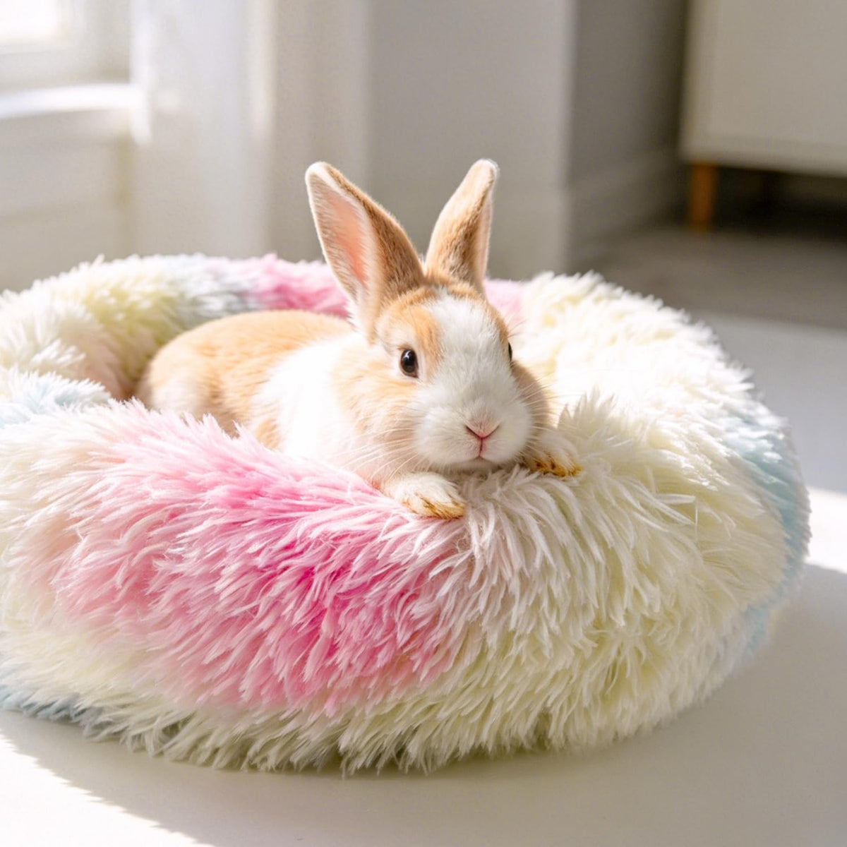 2 Pack Rabbit Bed, Fluffy Donut Shaped Bunny Hideout Comfort Sleeping Mat