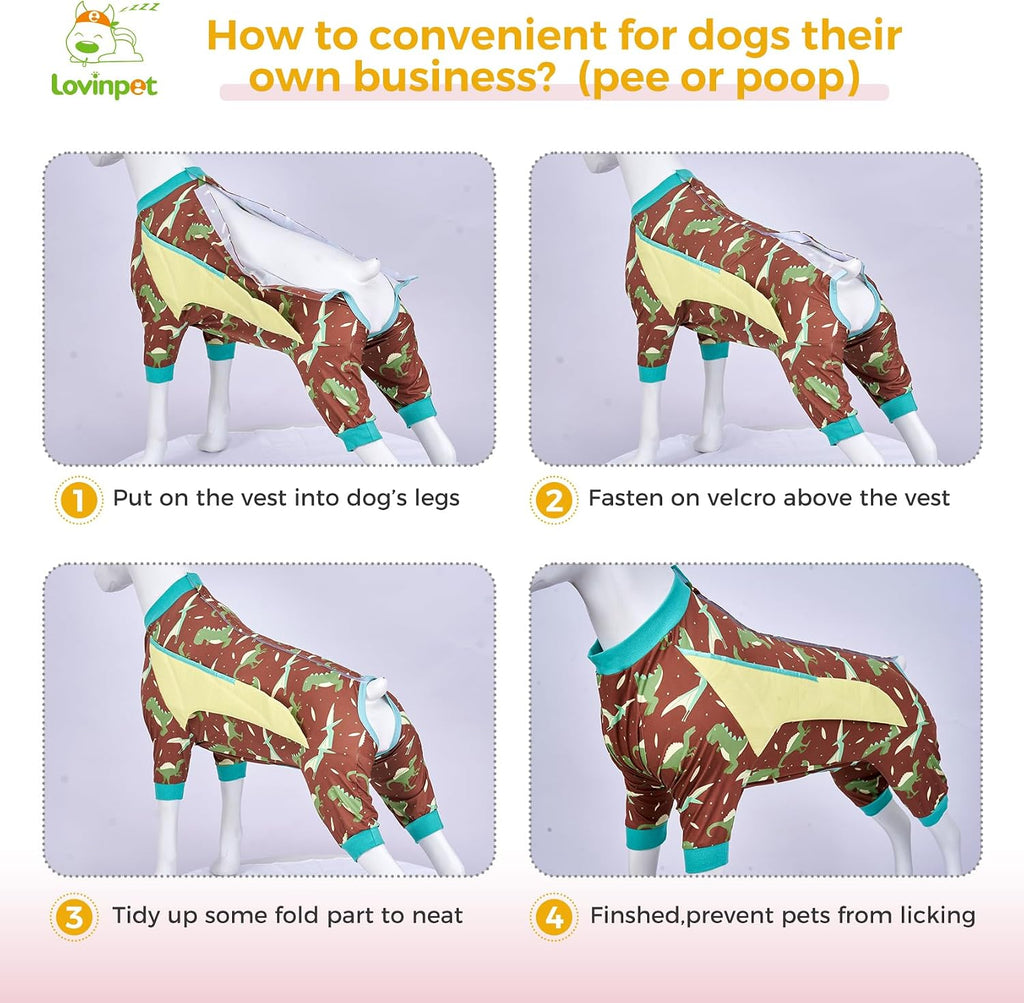 LovinPet Dog Recovery Bodysuit, Protective Coverage, Dinosaur Pattern, M