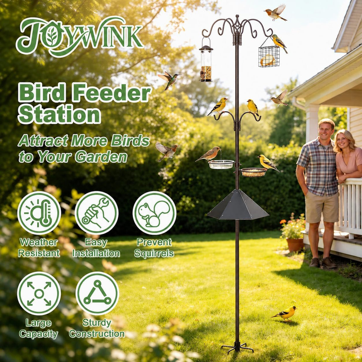 97" Bird Feeding Station Kit with Metal Squirrel Baffle, Heavy Duty Metal Bird Feeding Station with Seed Tray＆Mesh Basket, Easy Assembly Ground Mounted Bird Feeder Pole for Garden Yard Outdoor