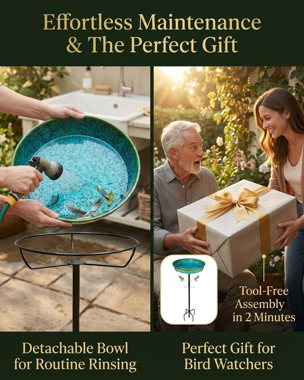 35" Metal Bird Bath for Outside Standing Metal Bird Bath Stake in Ground Iridescent Blue Green Birdbath with Scientifically Designed Color Lure for Birds 12" Detachable Bowl for Garden Patio Yard