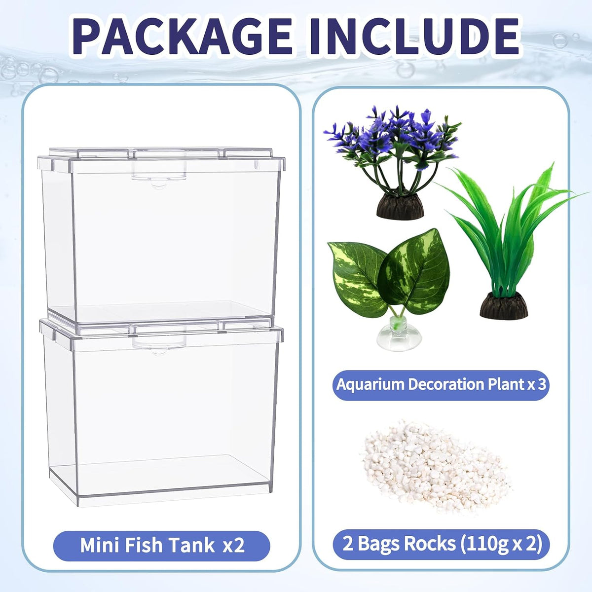 MoonOrange Mini Betta Fish Tank, Small Fish Bowl for Temporary Space, 0.2 Gallon Stackable Cube Tank with Artificial Plants and Gravels for Small Fish, Insect, Shrimp, Crab, Spider.(Pack-2)