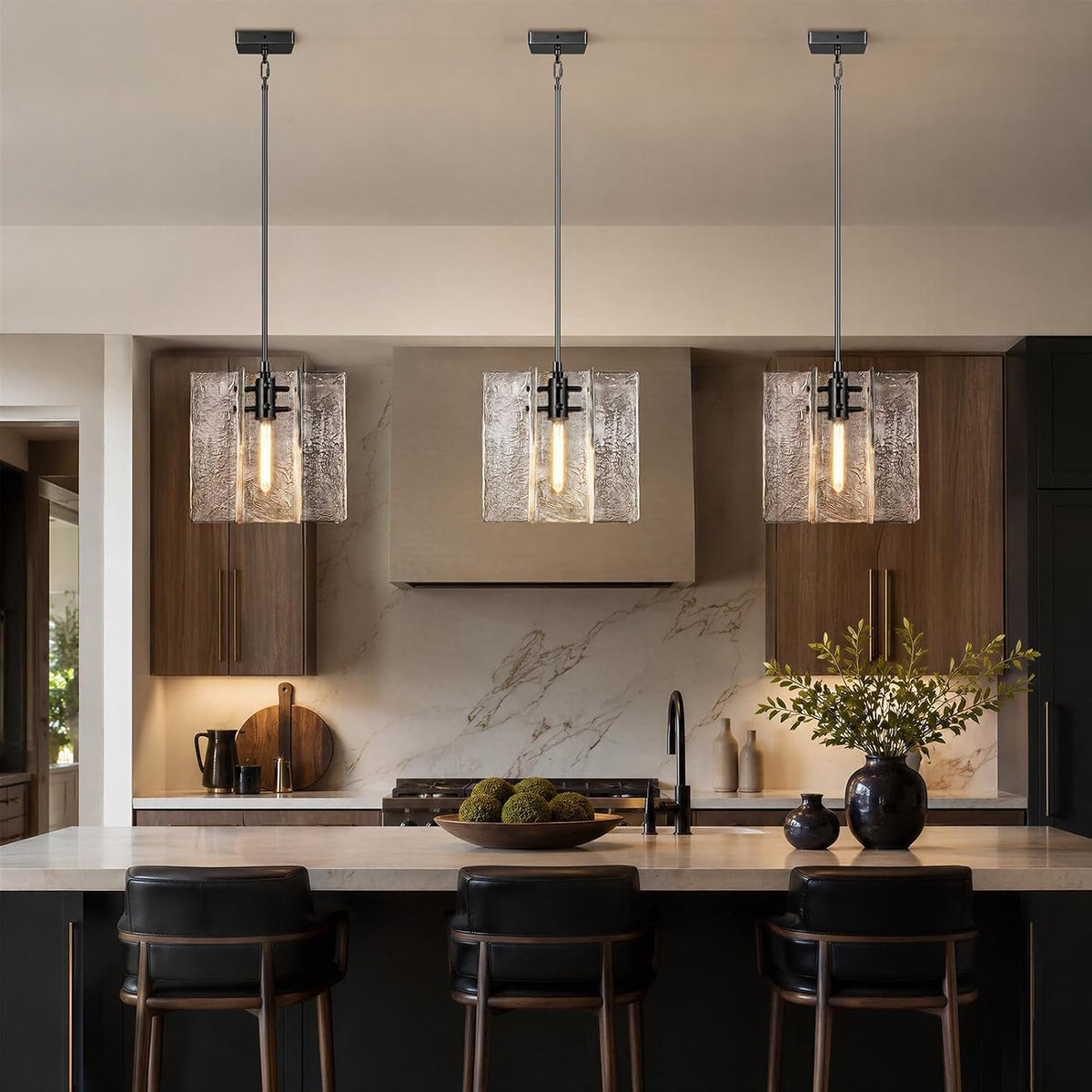 Modern Black Water Ripple Glass Kitchen Island Pendant Light Fixtures,12 in Large Glass Pendant Lights,for Bedroom,Foyer,Entryway,Dining, Bulbs Included