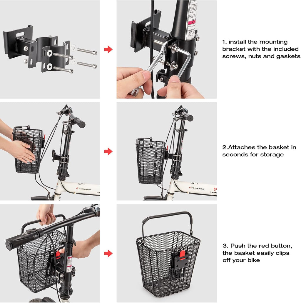 CXWXC E-Scooter Front Basket with Handle, Quick-Release Handlebar Bracket Detachable Scooter Basket for E-Scooters, Folding & Kick Scooters
