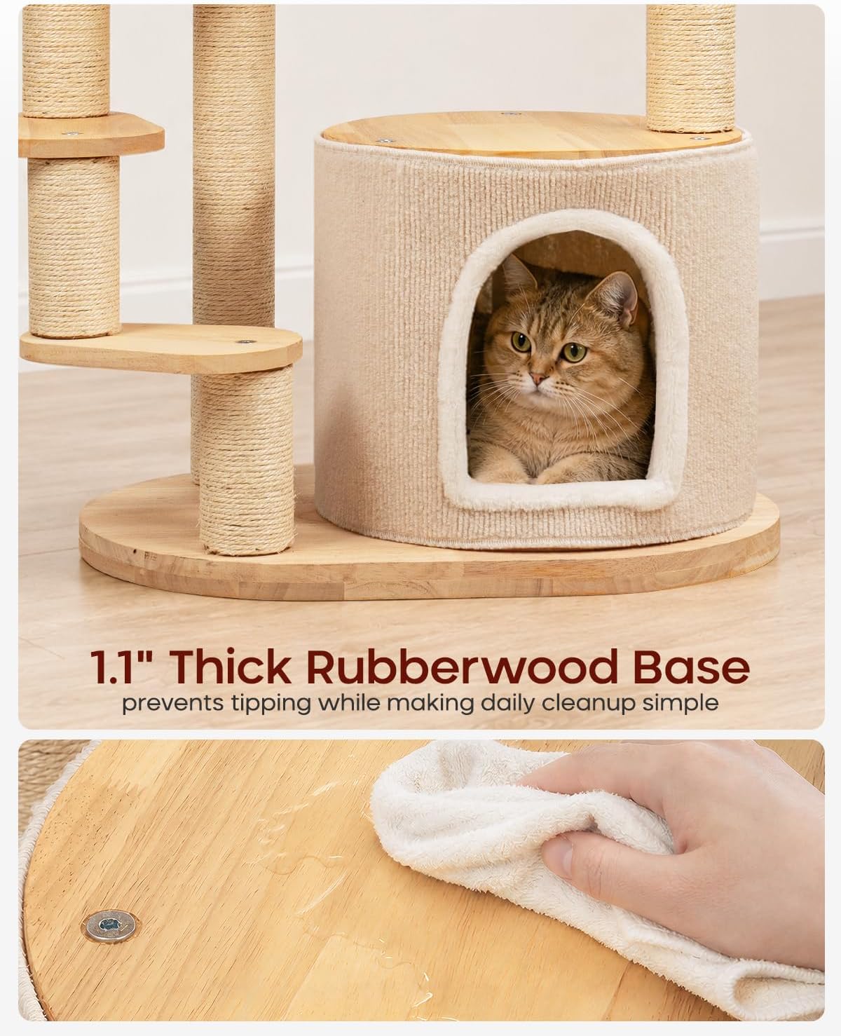 Solid Wood Cat Tree for Kitten & Munchkin, Modern Cat Tower with Low-Rise Steps, Indoor Multi-Level Aesthetic Boho Cat Furniture with Space Capsule, Condo, Hand-Woven Bed,for Minuet & Napoleon