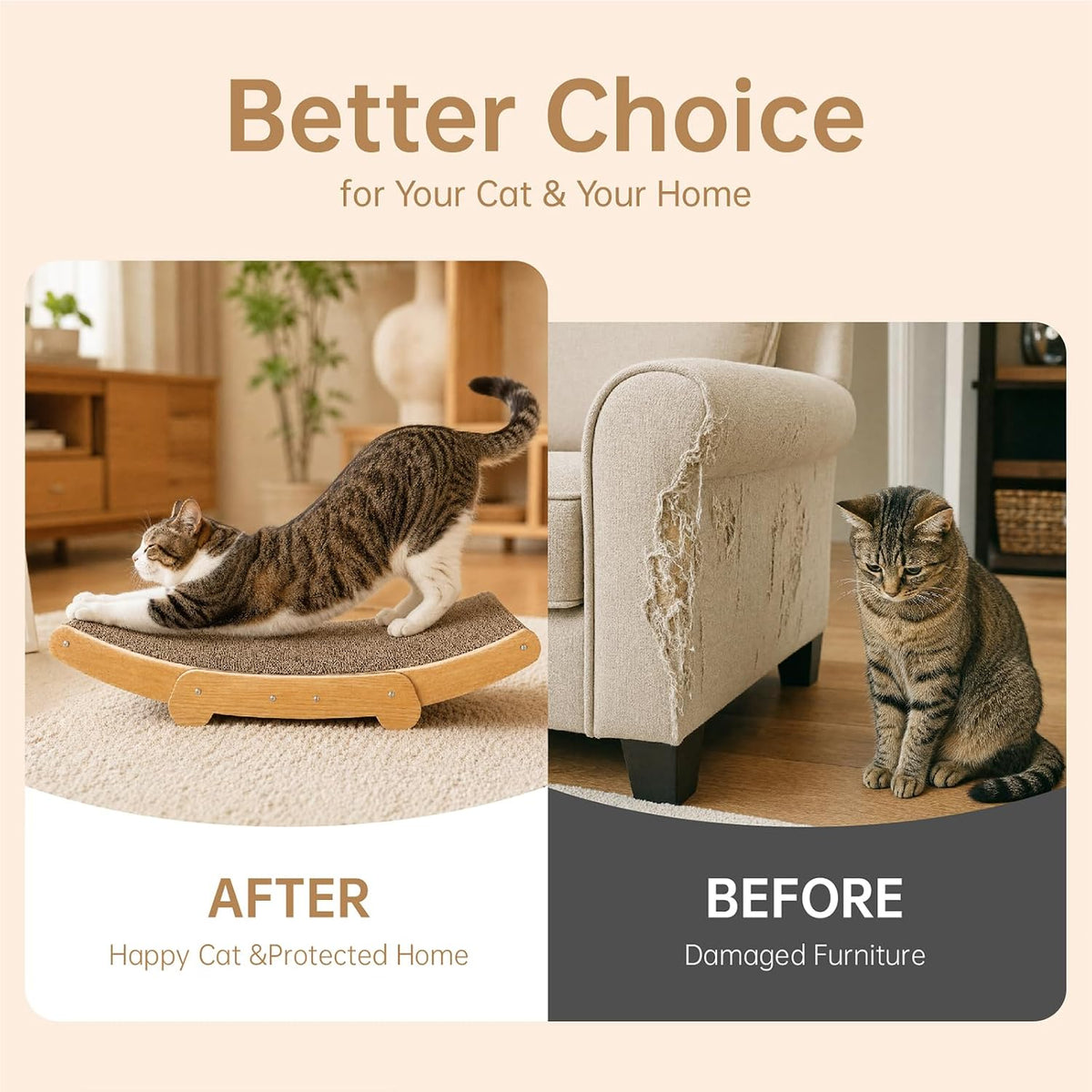 Curved Cat Scratcher Lounge Cat Scratching Board Bed, Natural Cardboard Cat Scratcher Sofa with Wooden Base, Comfortable Resting & Playing Scratching Pad for Indoor Cats
