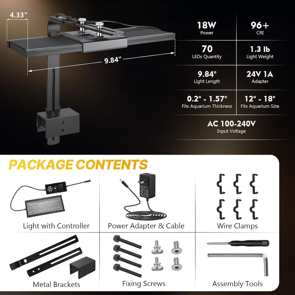 fishkeeper Clip on Aquarium Light for Plants, 6 Row LED Brightness, 18W