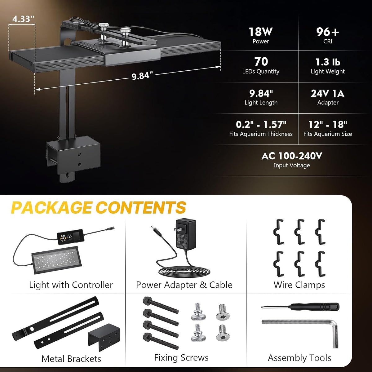 fishkeeper Clip on Aquarium Light for Plants, 6 Row LED Brightness, 18W