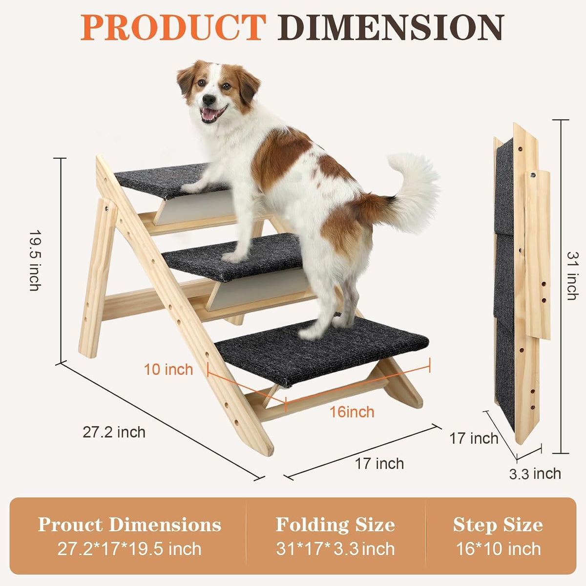 Dog Ramp,2-in-1 Foldable Pet Stairs for High Beds, 3 Steps Dog Steps