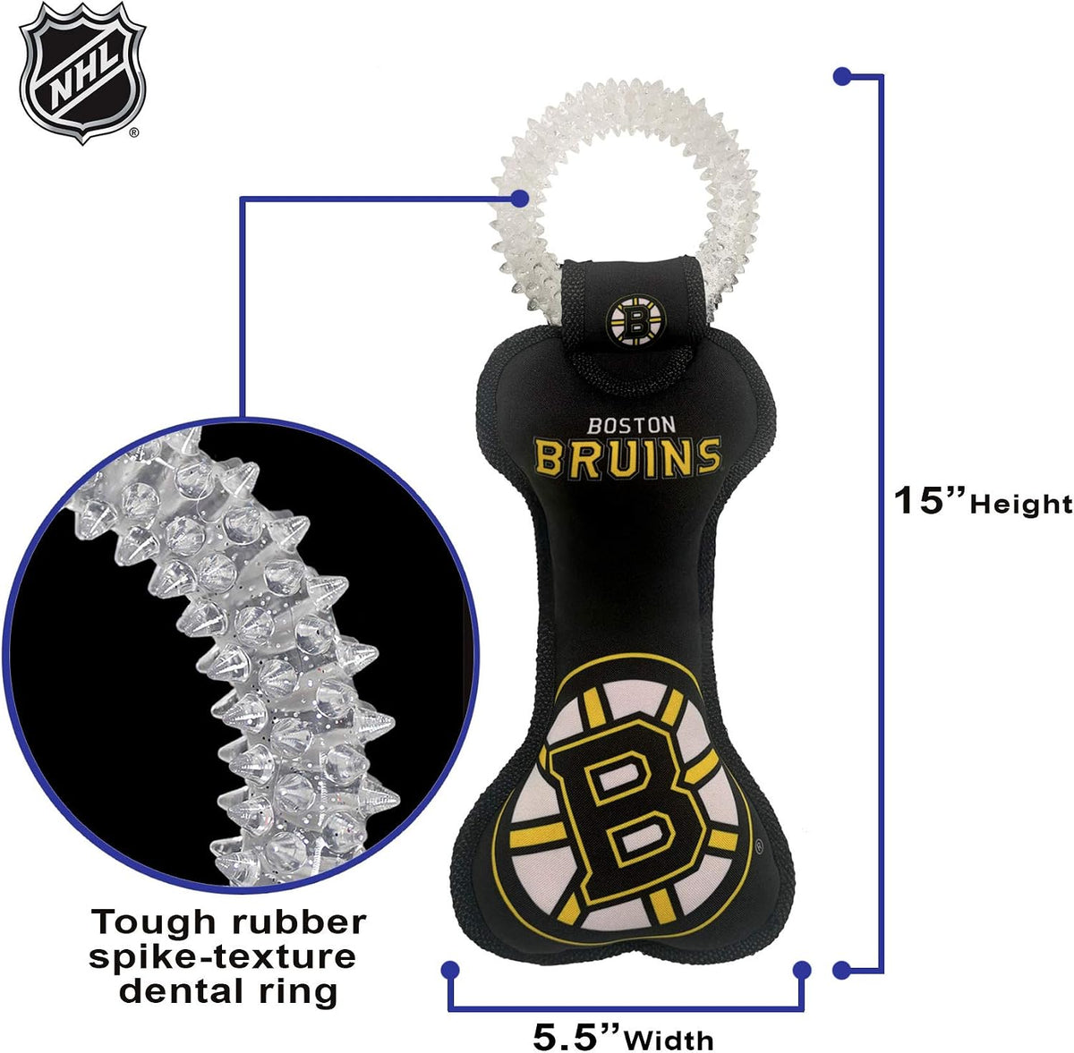 Pets First NHL Boston Bruins Dental Dog TUG Toy with Squeaker. Tough PET Toy for Healthy Fun, Teething & Cleaning Pet's Teeth & Gum., Team Color, one Size (BRU-3310)