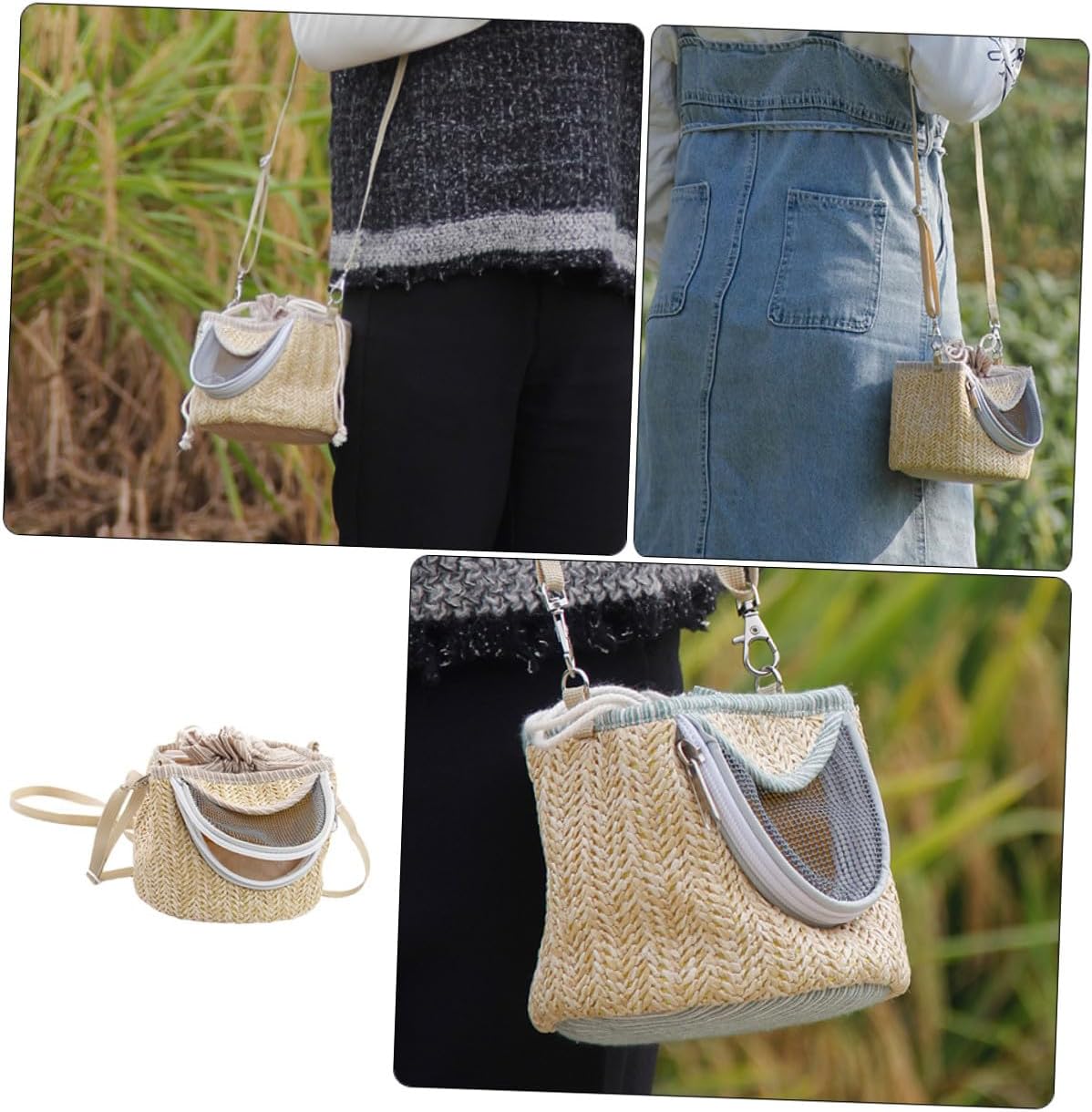Hamster Carrier Bag Portable Small Animal Carrier with Ventilated Gauze Straw-Woven Appearance Travel Carry Bag for Outdoor Use 5.51 X 5.51 X 4.72 in