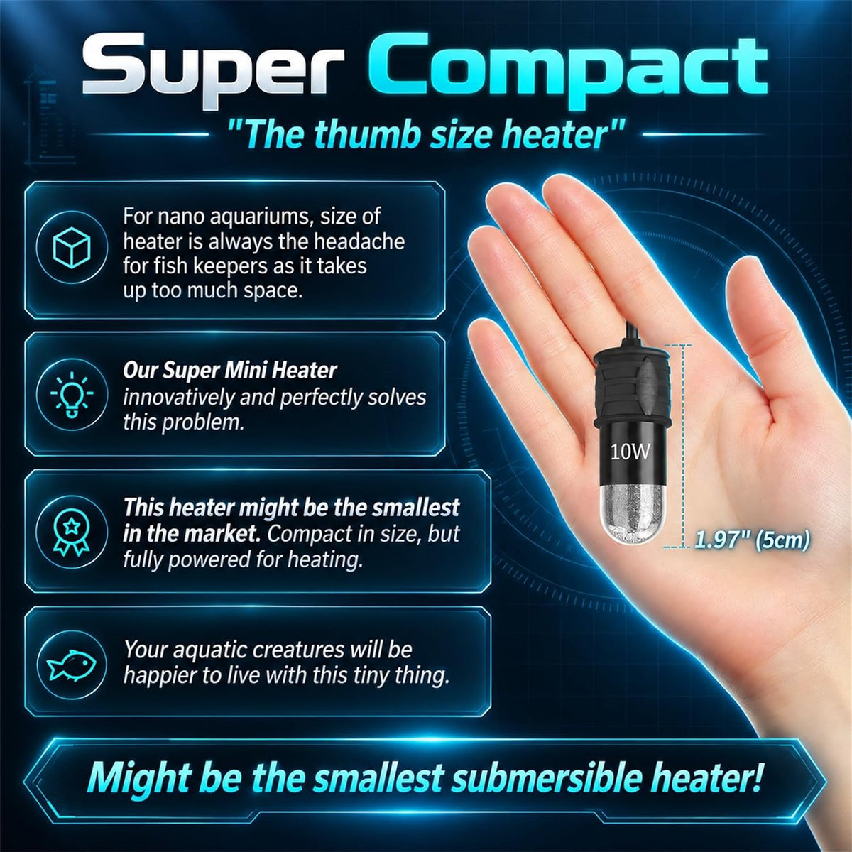 AquaMiracle 5V/2A USB 10W Super Mini Aquarium Betta Heater for Tanks up to 1 Gal
