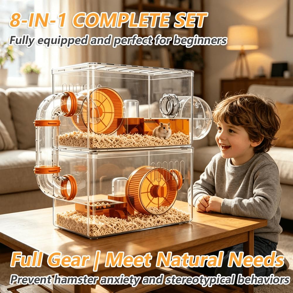8-in-1 Transparent 2-Tier Hamster Cage Set, All-in-One No Assembly, DIY Stackable Expandable, 15.75×9.84×18.9 in, Starter/Transition Cage for Dwarf & Baby Hamsters,Fits Small Space/Kid’s Room