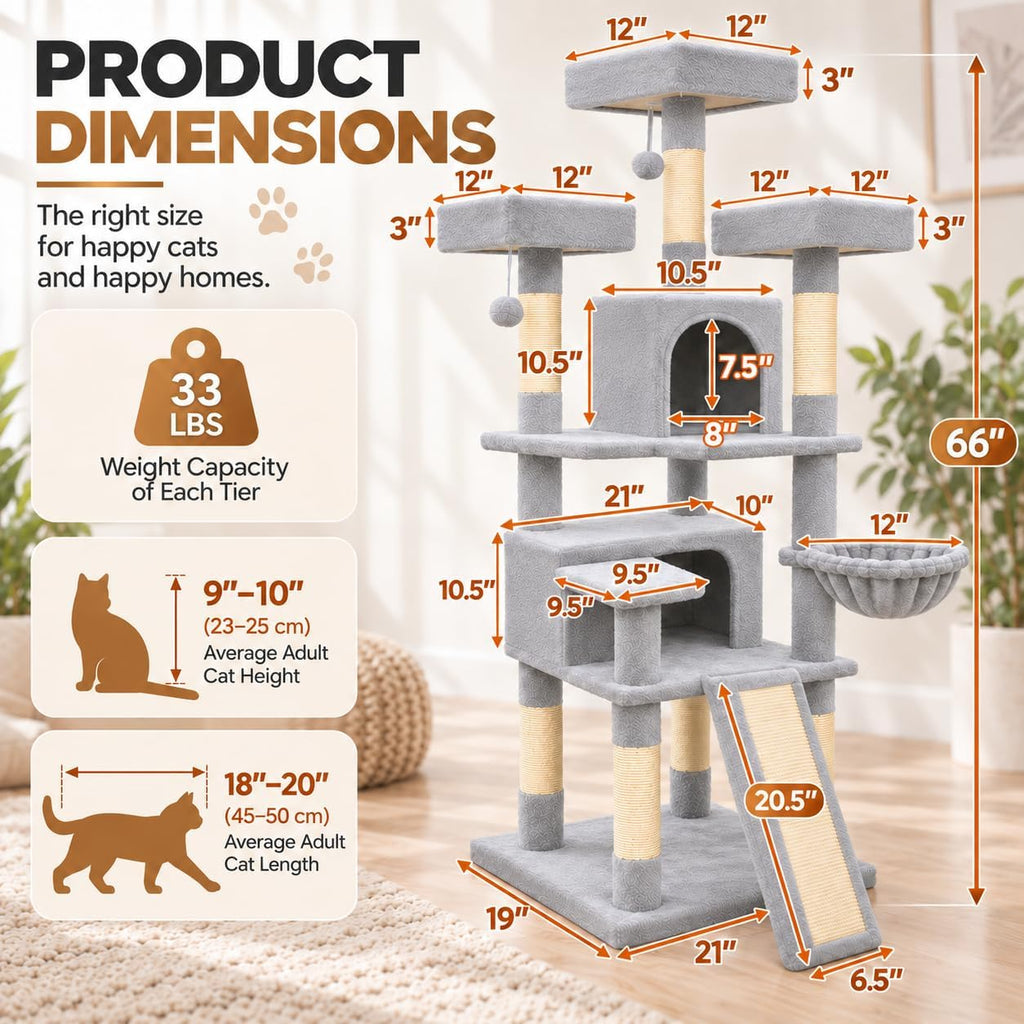 66" Multi-Level Cat Tree, 3 Perches, 2 Condos, Light Gray